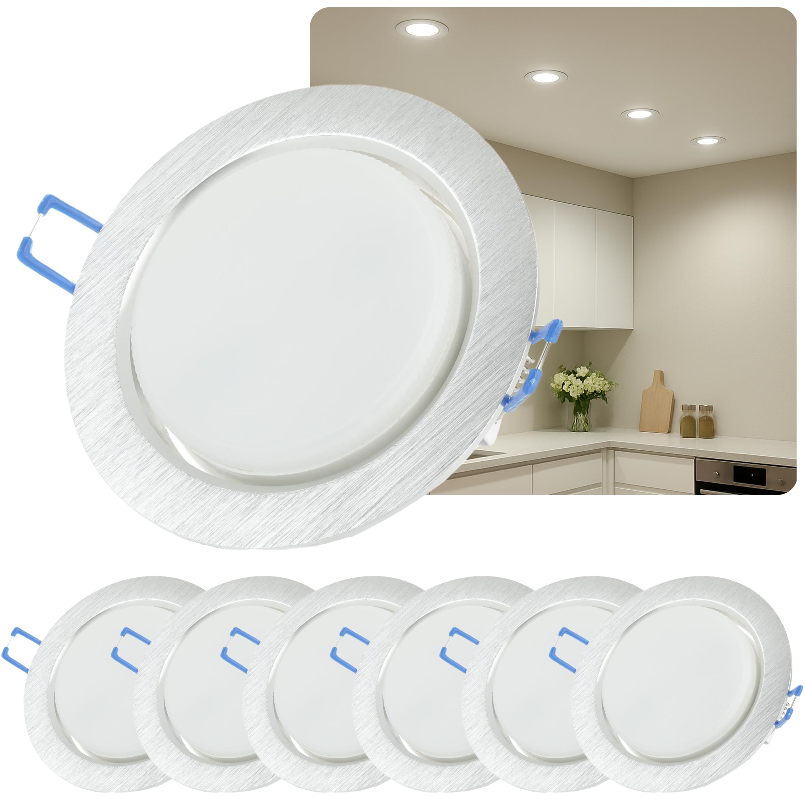 6x LED Einbaustrahler Flach 8,2W GX53 – 750 Lumen, Deckenstrahler 4000K Neutralweiß – 95mm Lochmaß, 108mm Außenmaß – Deckenspots alu-gebürstet – Ultra Slim Deckenleuchte
