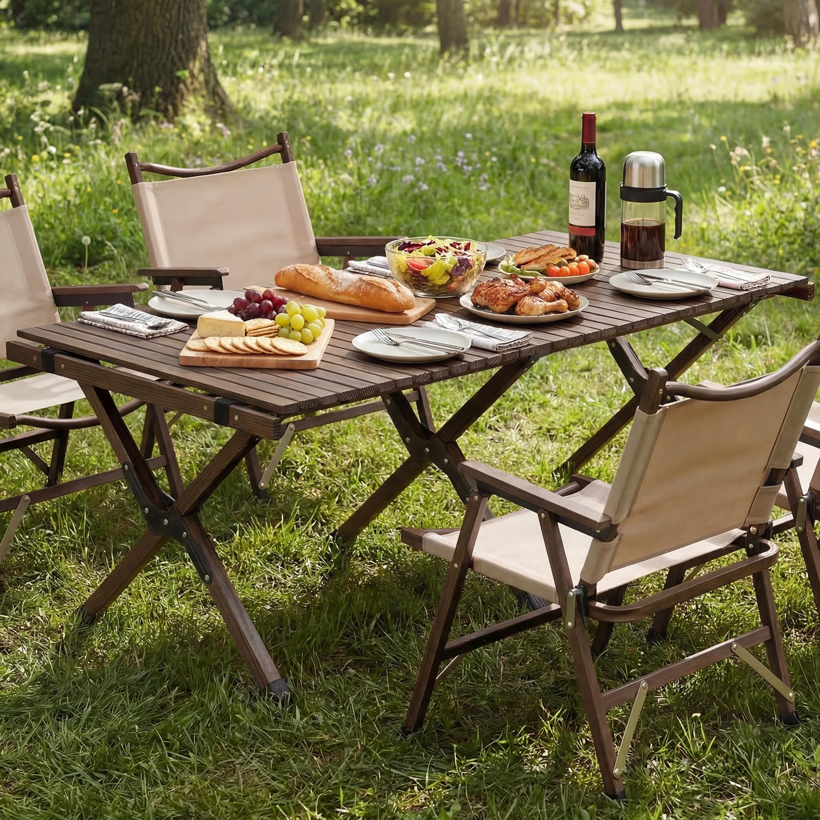 COSTWAY Tavolo da Picnic Pieghevole e Portatile, 122 x 60 cm, Tavolo da Campeggio in Legno Massello a 4-6 Posti, con Piano Arrotolabile e Borsa da Trasporto, per Balcone, Cortile e Mercato (Marrone)