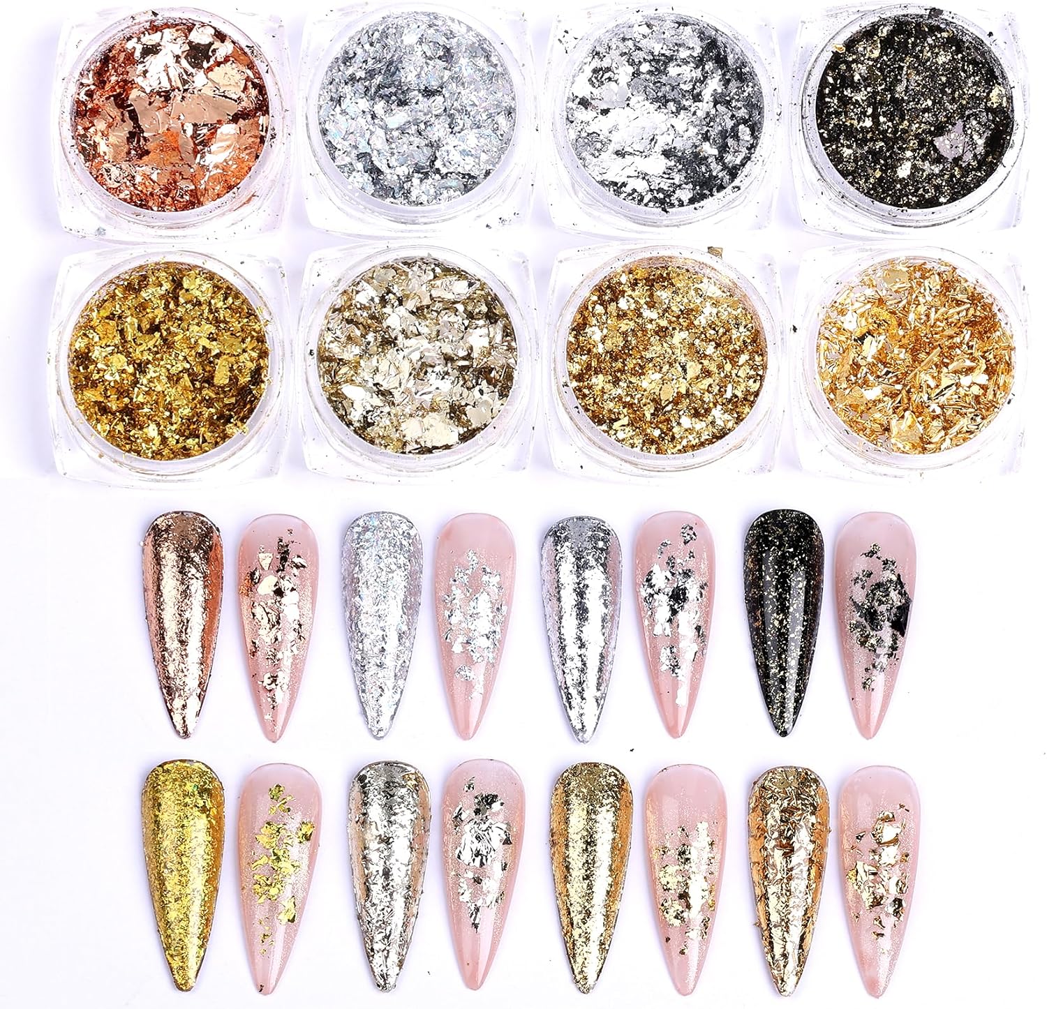 8 Bottles Gold Flakes Nail Glitter Foils Metallic Gold Silver Black Rose Golden Foil Nail Sequins 3D Irregular Ultra-Thin Aluminum Nail Art Flakes Designs Shiny Gold Leaf for Nails Decoration