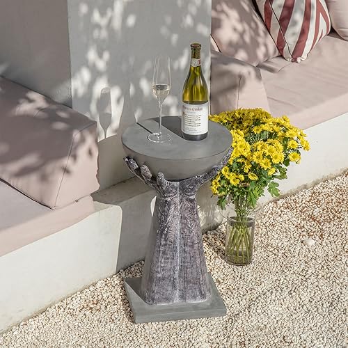 Miniatura 5 de COSIEST Mesa auxiliar para exteriores, base en forma de dos manos con mesa decorativa redonda superior, soporte ligero para plantas, acabado de Mano