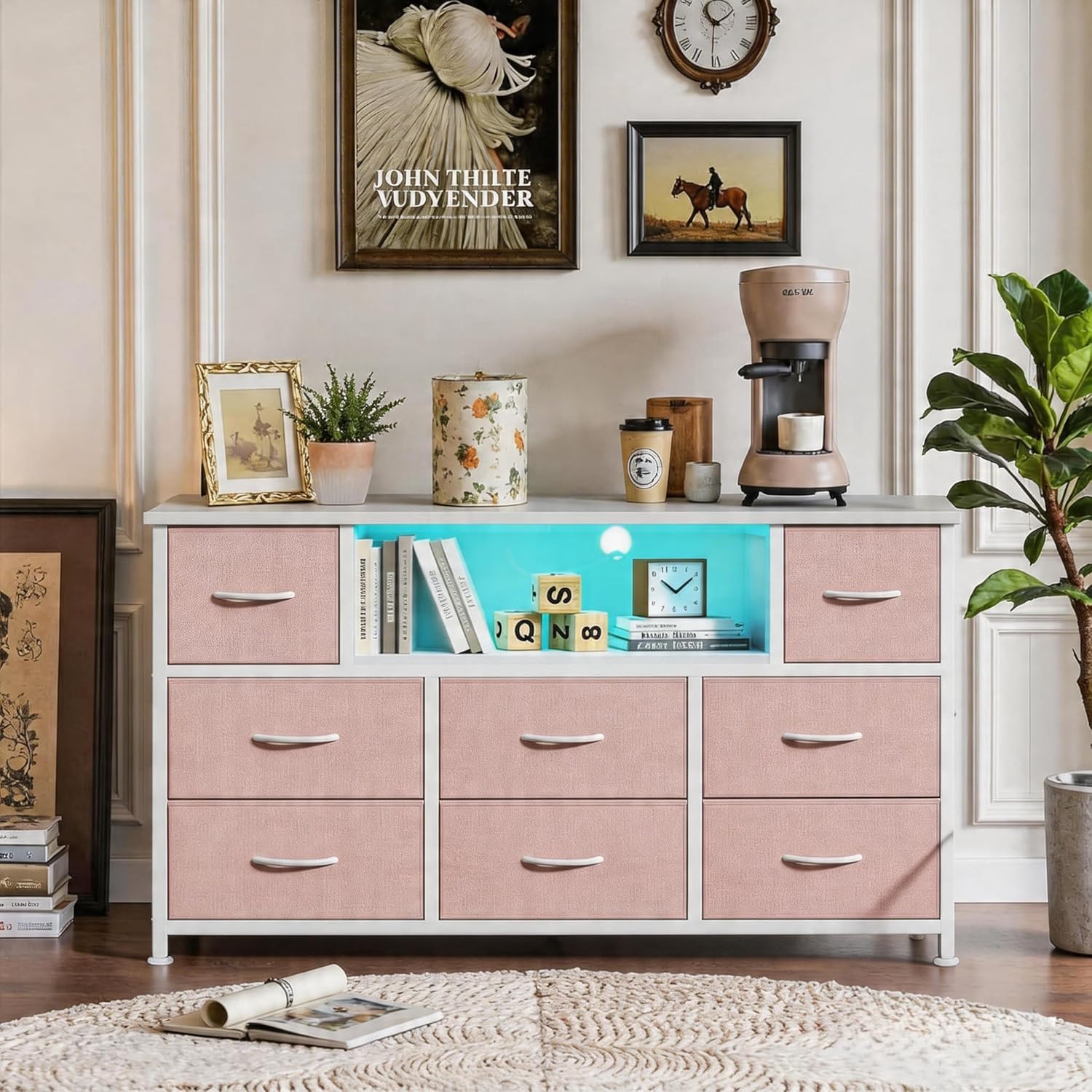 Simple Deluxe TV Stand Dresser with 8 Fabric Drawers and Open Shelves, Entertainment Center with LED Lights & Charging Station, Wood Top for 45" -55" TV, for Bedroom/Living Room/Hallway, Pink