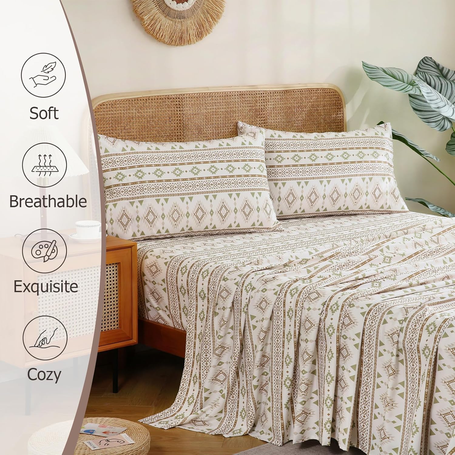 4 Pieces Queen Sheet Set Bohemian, Boho Sheets Soft Microfiber Deep Pocket, Western Sheets Geometric(Queen, Cream Olive Geometric) - Image 2