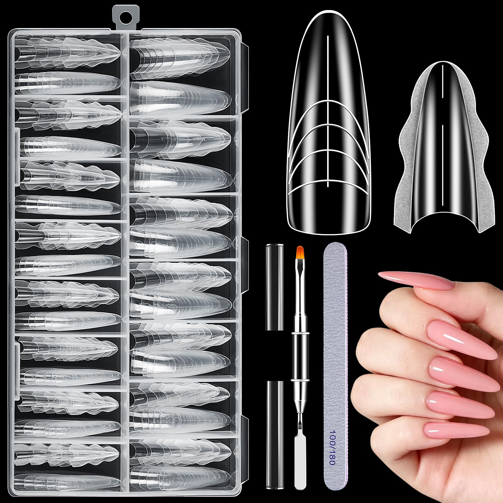 Becellen 180 sztuk Zestaw foremek do paznokci Sandwich Dual Nail Forms, Przezroczyste Dual Tips do przedłużania paznokci z żelem do paznokci, zestaw foremek do poligelu (okrągły kształt konia)