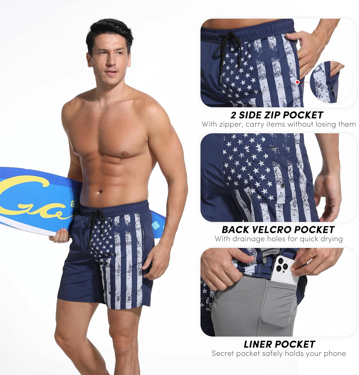 Men's Swim Trunks with Compresssion Liner 7" Swimwear Board Shorts 2-in-1 Bathing Suits with Zipper Pockets - Image 3