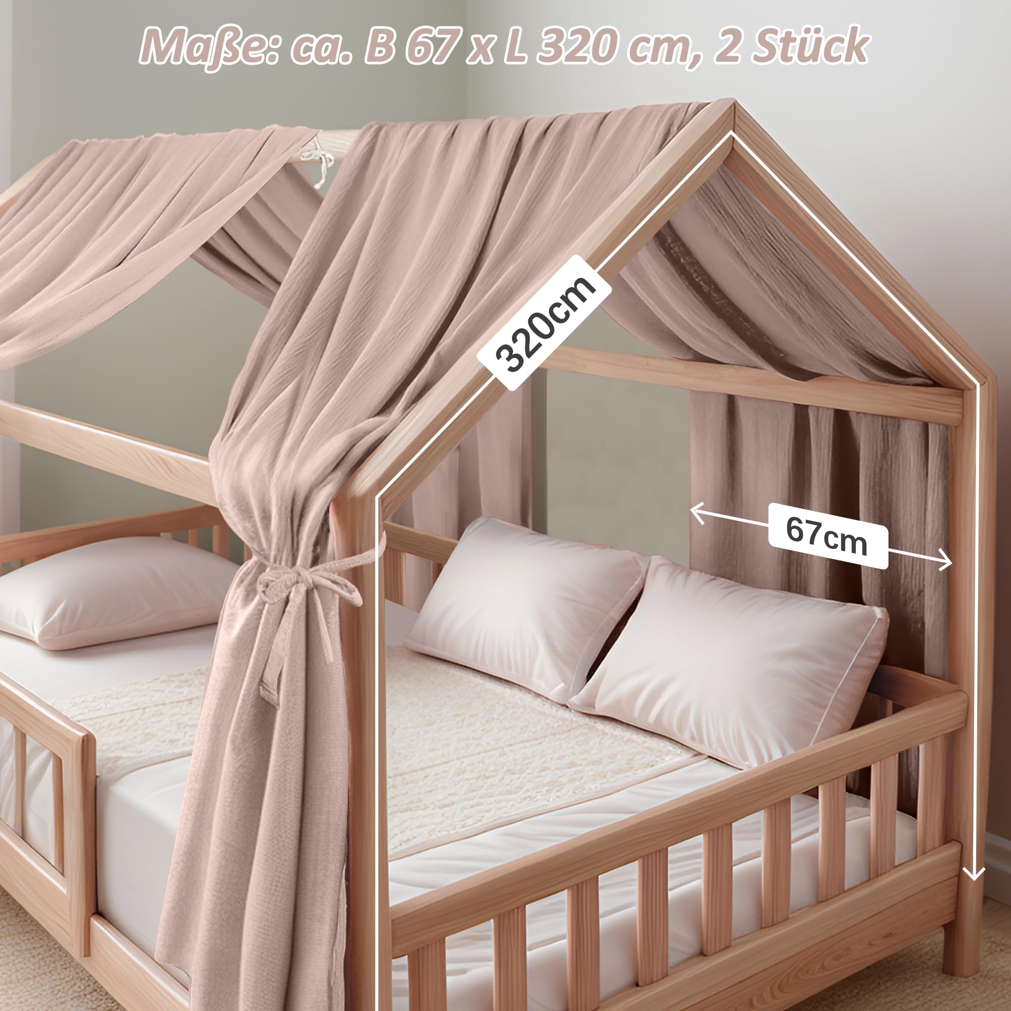 Hook Hausbett Himmel Deko Set, Betthimmel Hausbett aus Musselin - 2 Betthimmel & 1 Wimpelkette, für Jungen Mädchen Deko für Kinderzimmer, Baldachin Kinderzimmer Deko I 67 x 320cm Beigerosa
