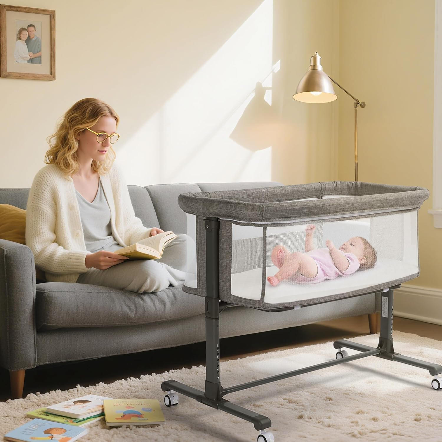 Baby Bassinet Bedside Sleeper, Portable Baby Bassinet for Newborn, Infant Bedside Sleeper w/Lockable Wheels, Adjustable Height, Removable Soft Mattress, Grey