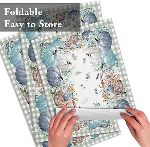 Miniatura 7 de Juego de 6 manteles individuales de otoño de Acción de Gracias, color azul marino, calabazas, hojas de eucalipto verdes, resistentes al calor,