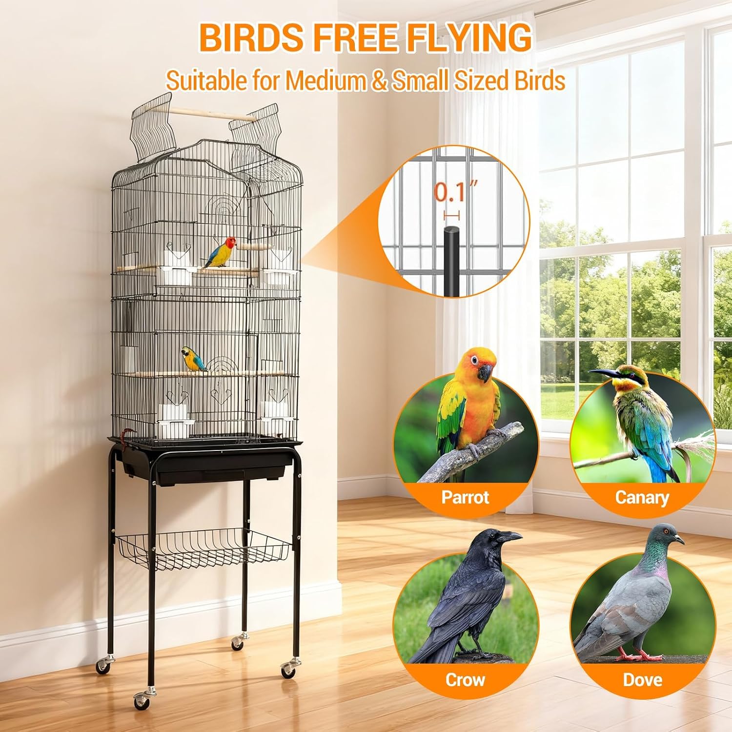 59.5-Inch Large Bird Cage with Pull-Out Tray & 360° Swivel Casters & Storage Shelf,Metal Flight Cage with Perches, Open Top & Food Bowls & Lock for Cockatiels, Parakeets, Conures, Finches, Budgies