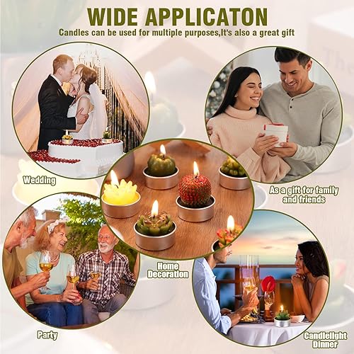 Miniatura 7 de TecUnite 12 velas de cactus hechas a mano, delicadas velas de cactus suculentas, sin humo, velas de plantas para decoración del hogar, cumpleaños