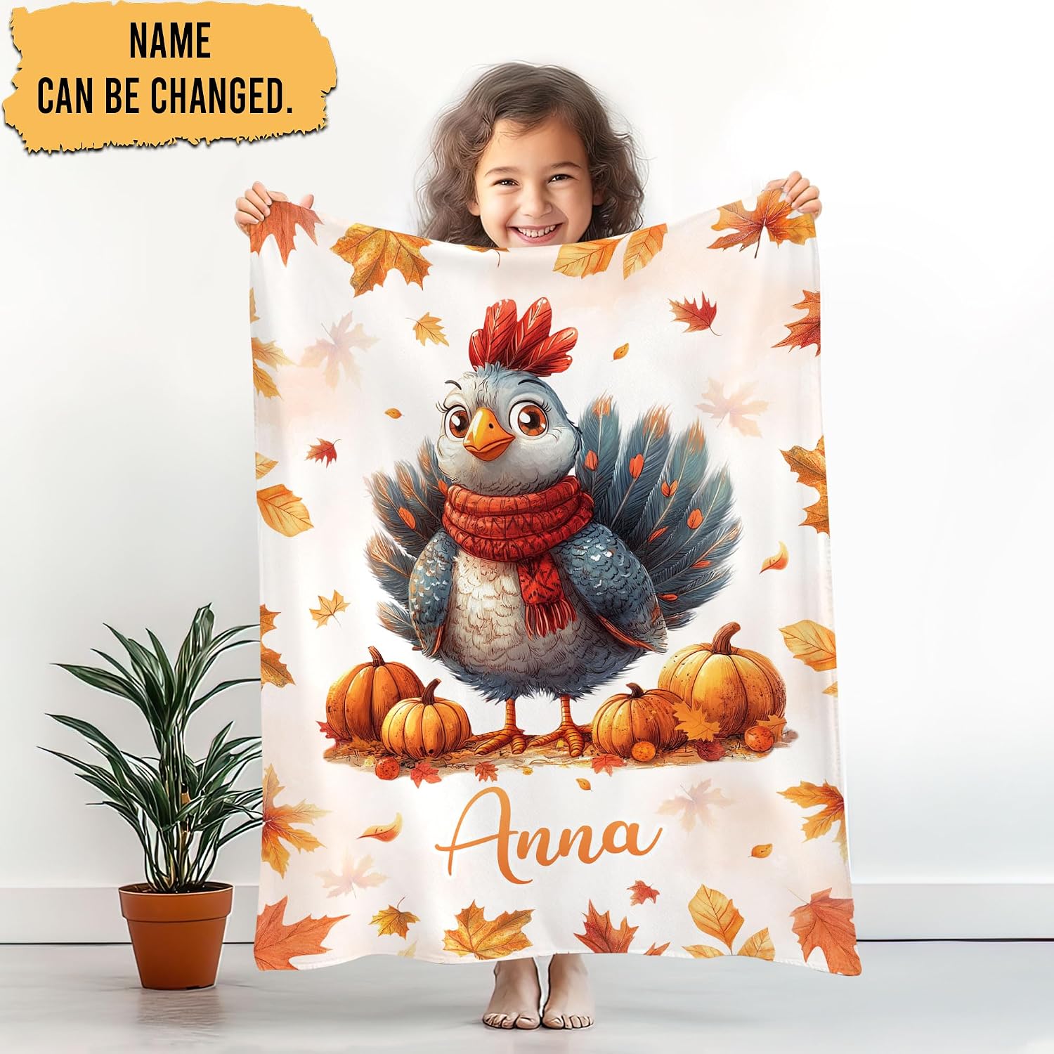 Hyturtle Personalized Cute Fall Turkey Baby Blanket - Autumn Turkey Throw Blanket Swaddles for Newborns Girl Kids - Turkey Decor for Bedroom - Custom Name Soft Cozy Plush Toddler Bedding Decor