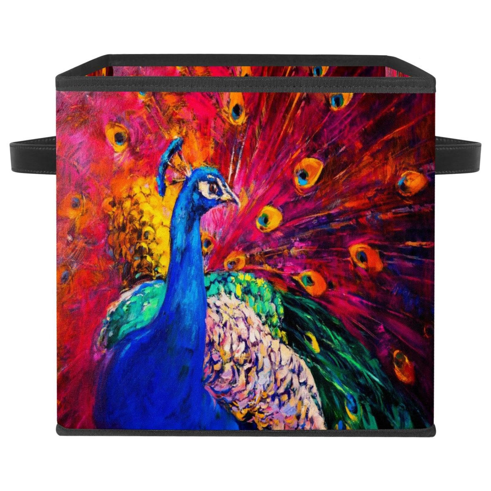 Boîte de rangement pliable motif paon en tissu avec poignées