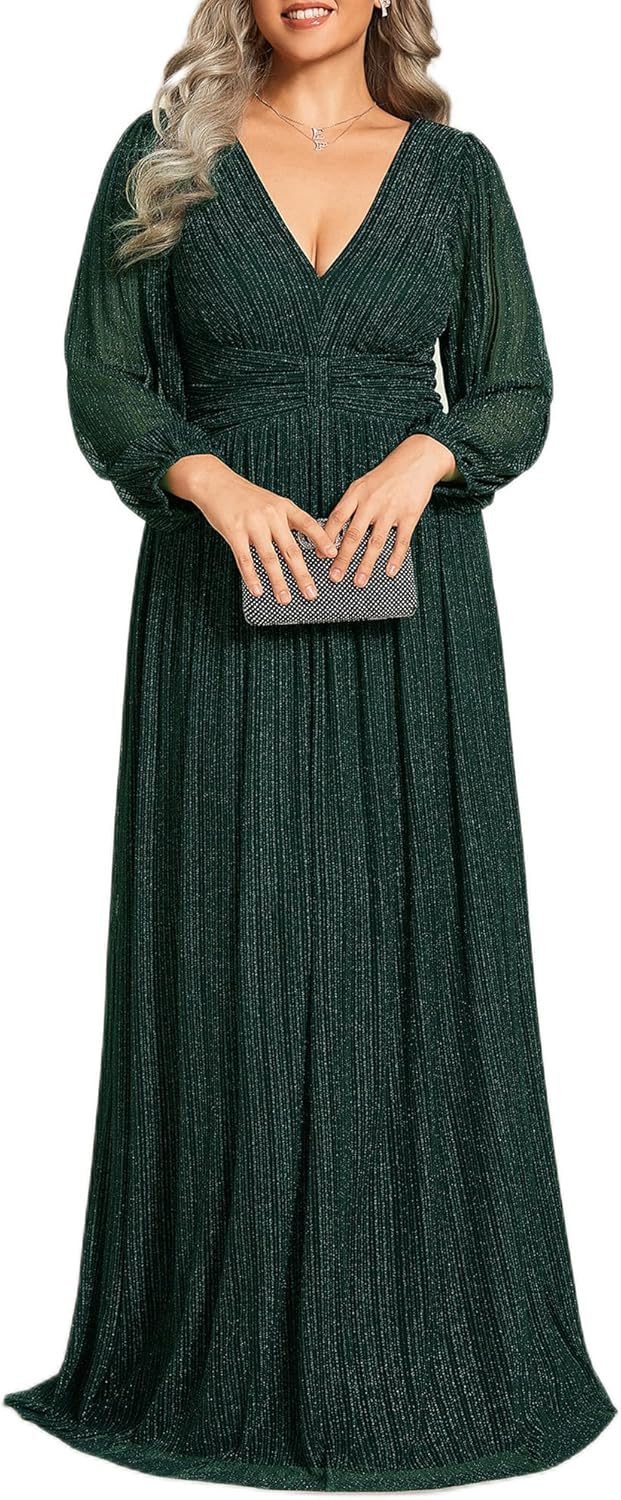 Ever-Pretty Women's Glitter Long Sleeves V Neck Pleated Empire Waist Floor Length Plus Size Formal Dresses Evening Gowns
