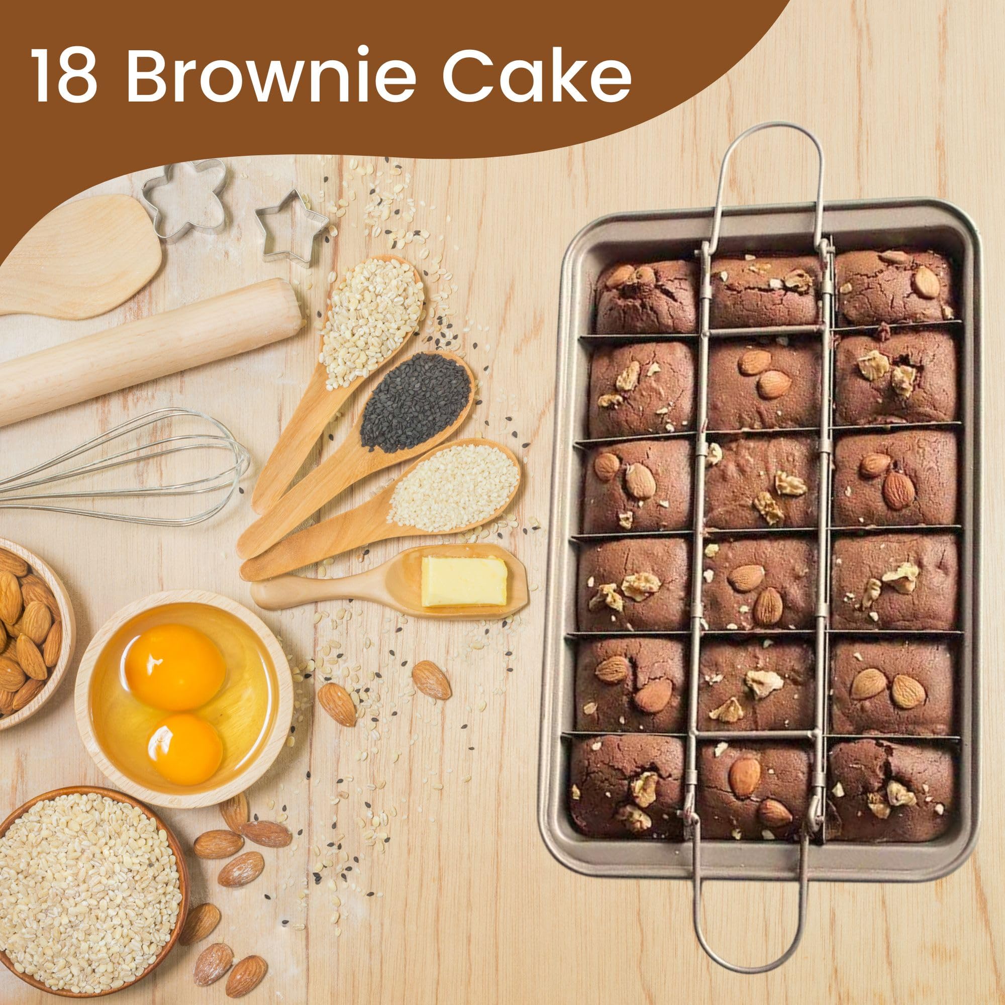 KiNeX Brownie Backform, Antihaftbeschichtete Kuchenform Brownie mit Trennwänden, Antihaftbeschichtete Brownie-Pfanne für Professionelle Scheiben, für 18 Vorgeschnittene Brownies, Karbonstahl, Gold