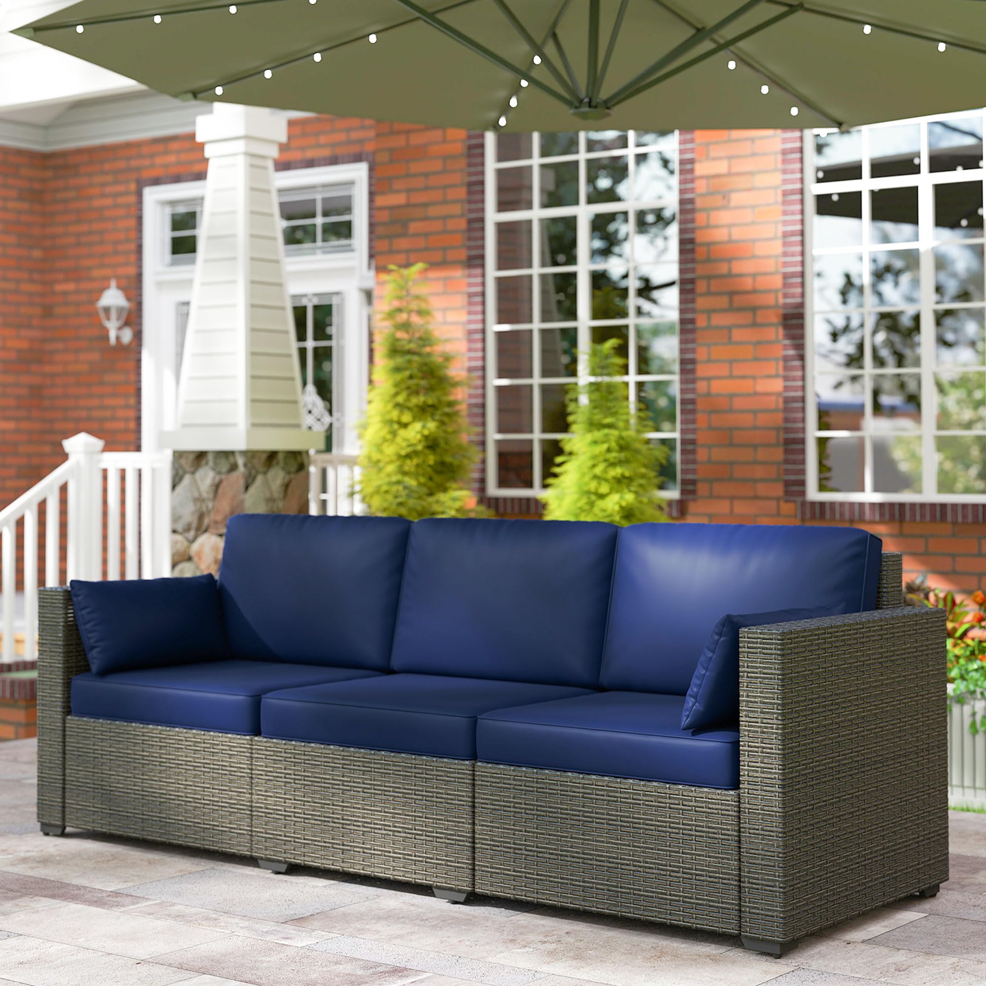 Outsunny Three-Seater Outdoor Sofa with Cushions, PE Rattan Conversation Patio Wicker Couch Furniture with Pillows for Garden, Poolside, Deck, Balcony, Backyard, Dark Blue/Brown