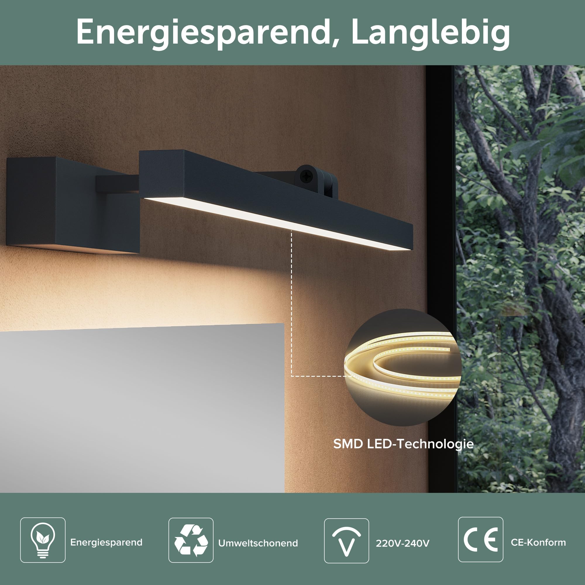 doporro LED Spiegelleuchte Badezimmerleuchte Sandschwarz 40cm - 9W Spiegellampe 4000K - 180° drehbar für flexible Ausleuchtung - Stylische Wandleuchte für Badbeleuchtung Strahlenschön