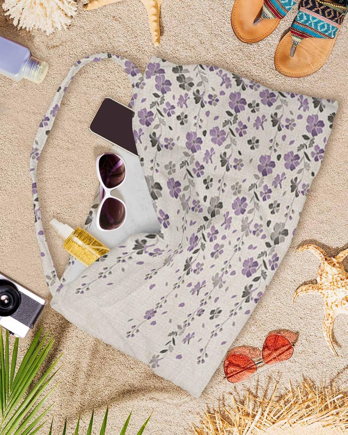 Retro Flowers Leaves Beach Pool Patio Lounge Chaise Chair Cover Towel With Pockets,Absorbent & Quick Dry Microfiber Towel Cover Bag Summer Accessories Summer Fall Purple Grey Plant Floral Leaf