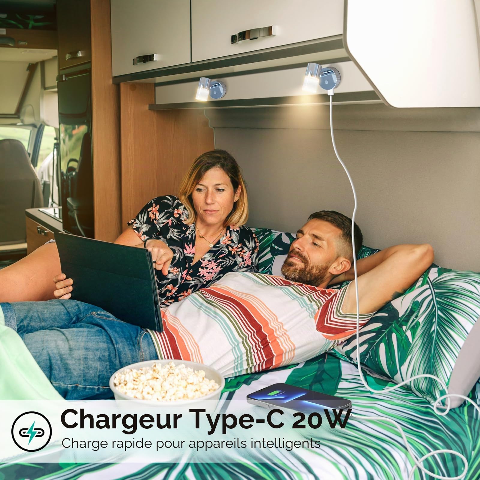 acegoo Lampe de Lecture 12V Camping-Car 3200K/Lumière nocturne rouge, intégré USB-C 20W Chargeur, Murale Spot pour Bateau Caravane Éclairage Intérieur, Chromé 2pcs