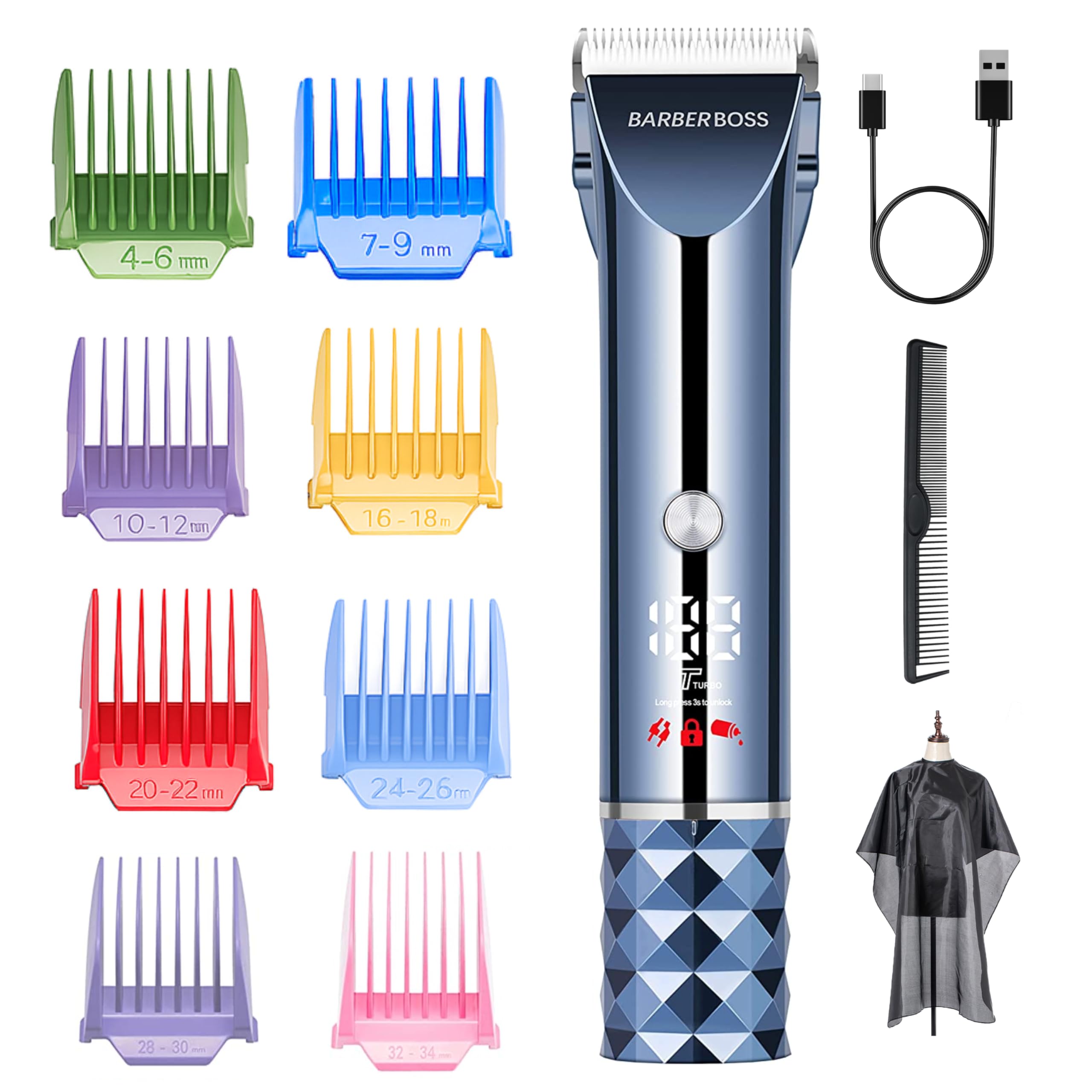 BarberBoss Men’s Rechargeable Hair & Beard Trimmer, Cordless Turbo Speed Clipper with LED Display, Adjustable Blade & 8 Comb Guards, Men’s Complete Grooming Kit