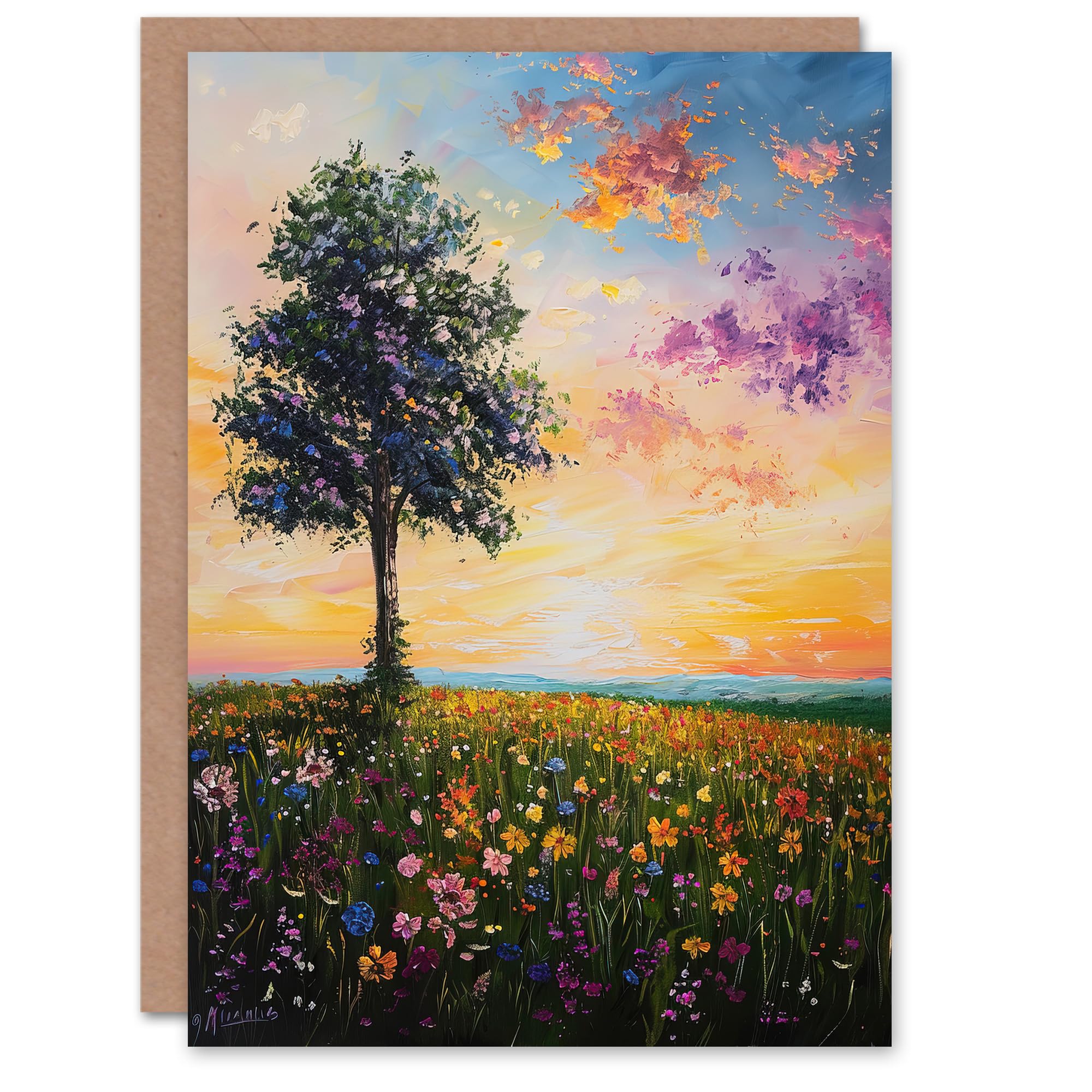 Artery8 Tree Spring Wildflower Meadow Sunset Oil Painting Greeting Birthday Card Him Her All Blank
