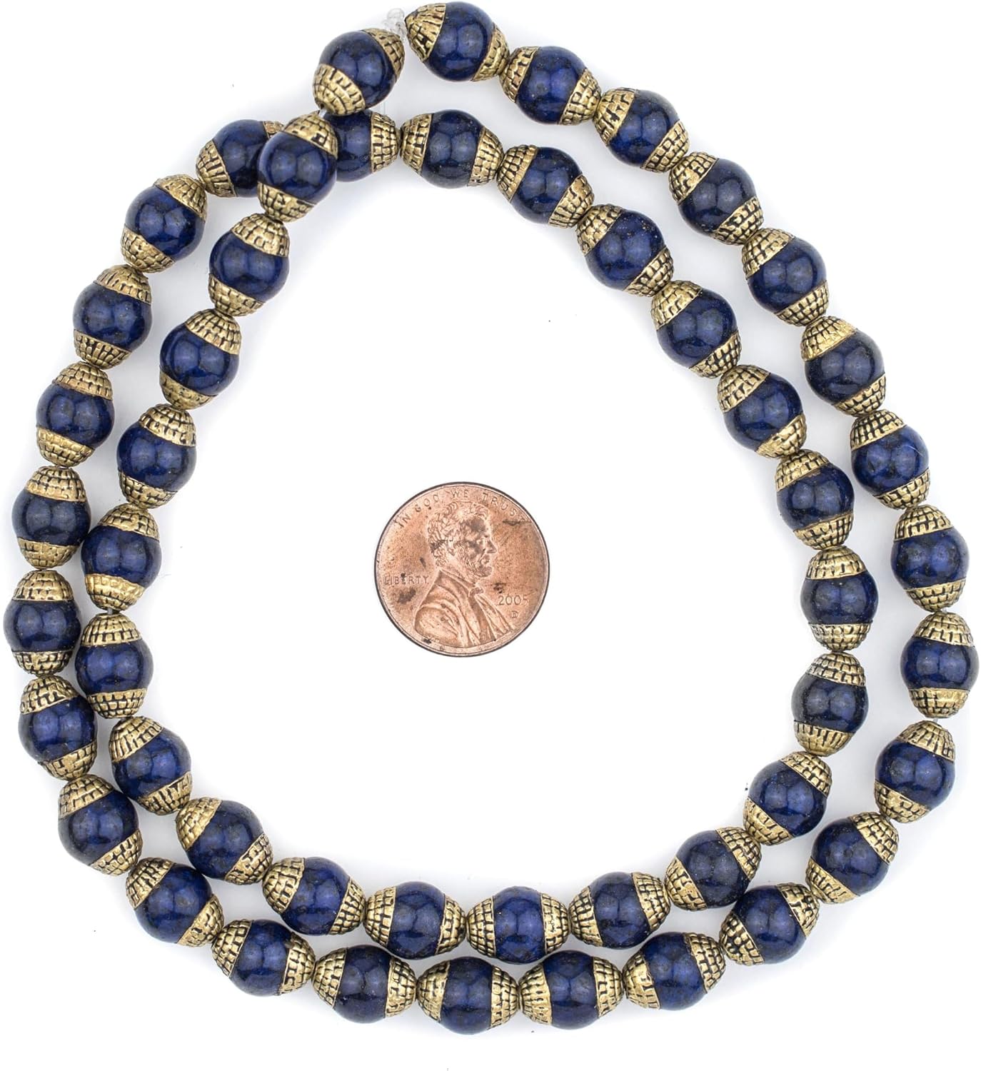 The Bead Chest Capped Lapis with Brass Gemstone Beads, Full Strand of Round Nepalese Stone Beads, Great for DIY Jewelry Necklace & Bracelet Making