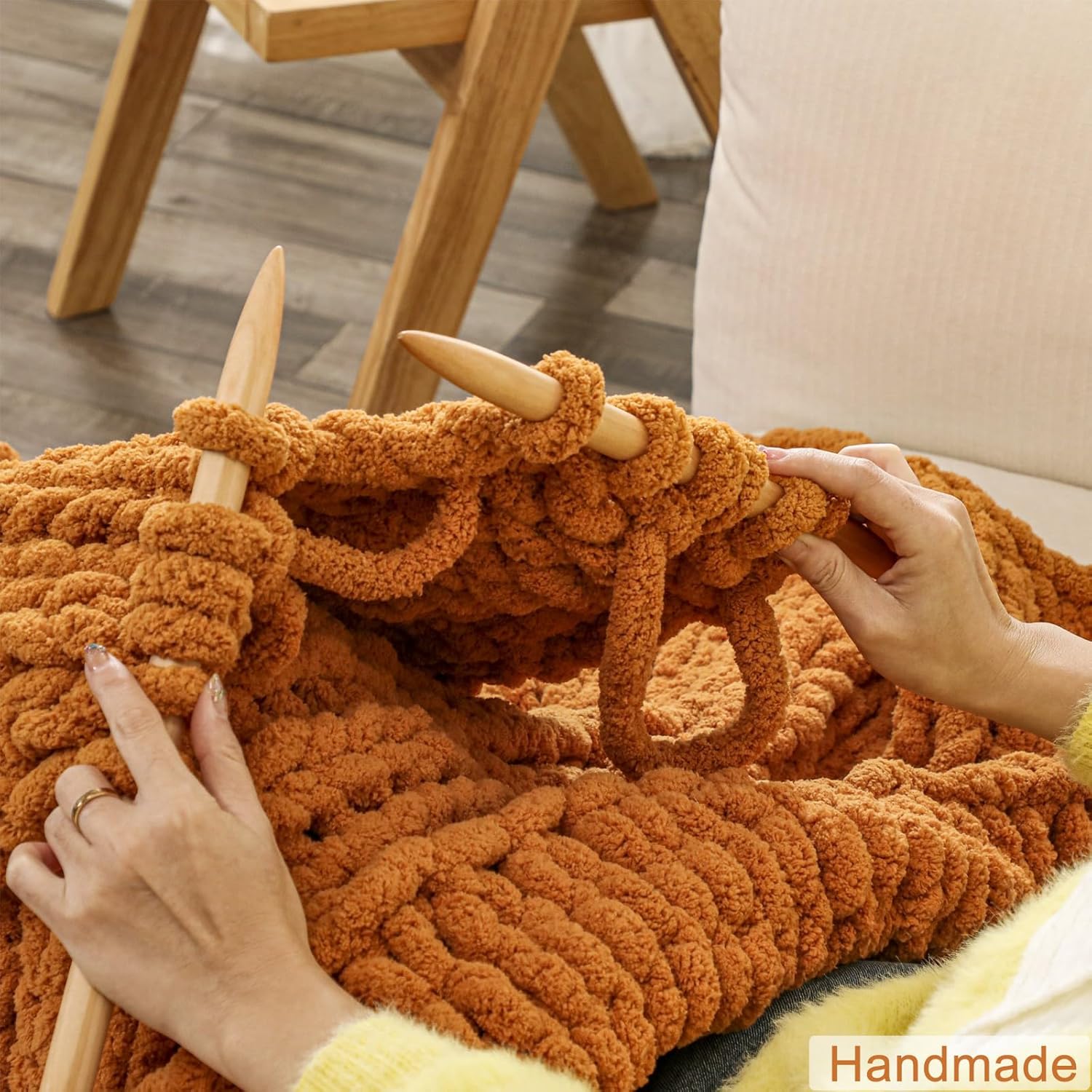 WESHIONGOO Chunky Knit Blanket Throw 40"×40" Knitted Throw Blankets for Couch Bed Fall Throw Blanket Fluffy Soft Blanket with Jumbo Chenille Yarn Thick 100% Handmade (Burnt Orange) - Image 3