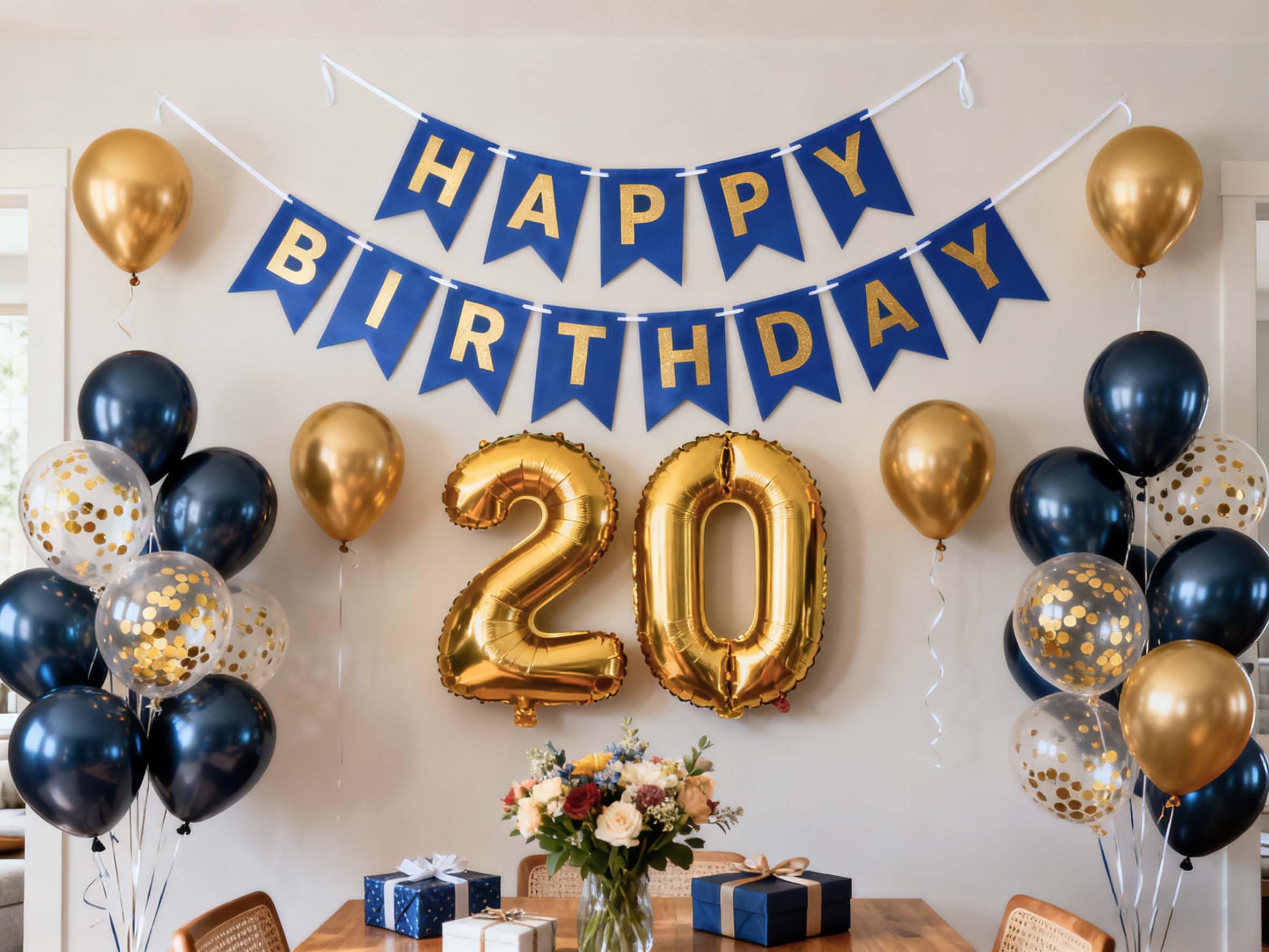20th Birthday Party Decorations for Men, Navy Blue Gold Happy 20th Birthday Banner Number 20 Foil Balloons Metallic Latex Confetti Balloons for Men Him 20 Years Old Birthday Decoration (20th) (20th)