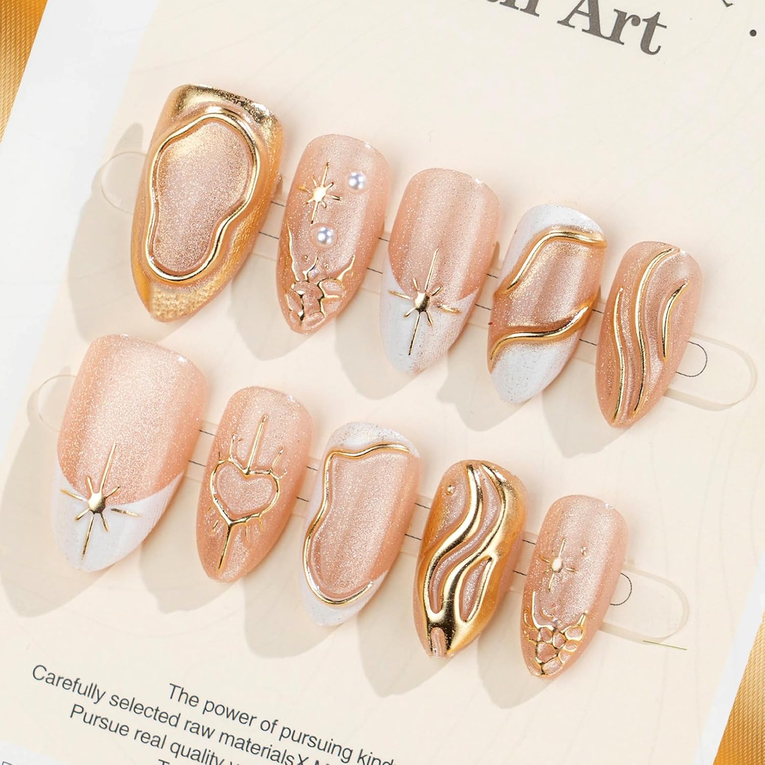 Gold Press on Nails Almond Luxury 3D Fake Nails 30 Pcs