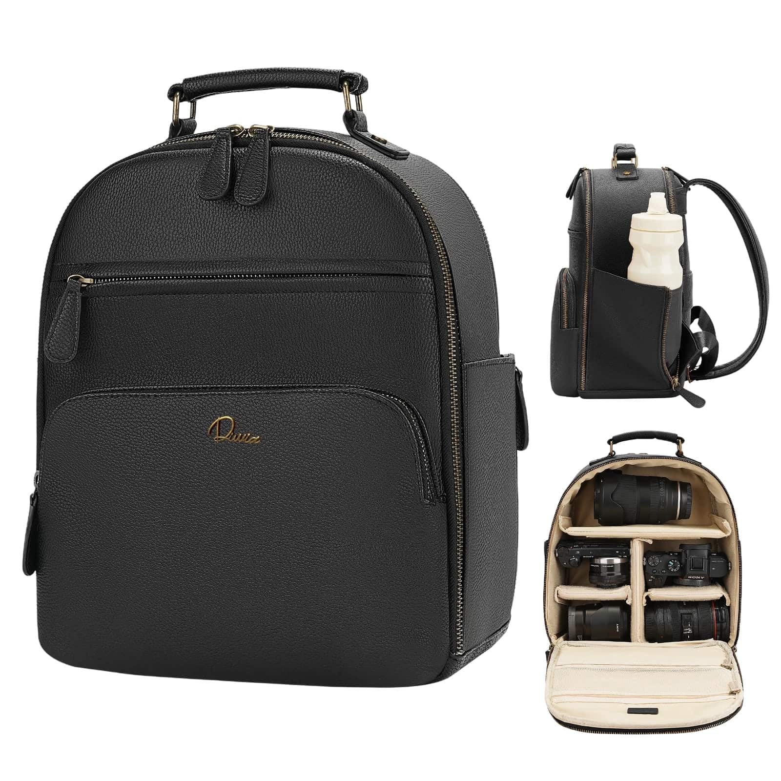 Small Camera Backpack Classic PU Leather for DSLR Black