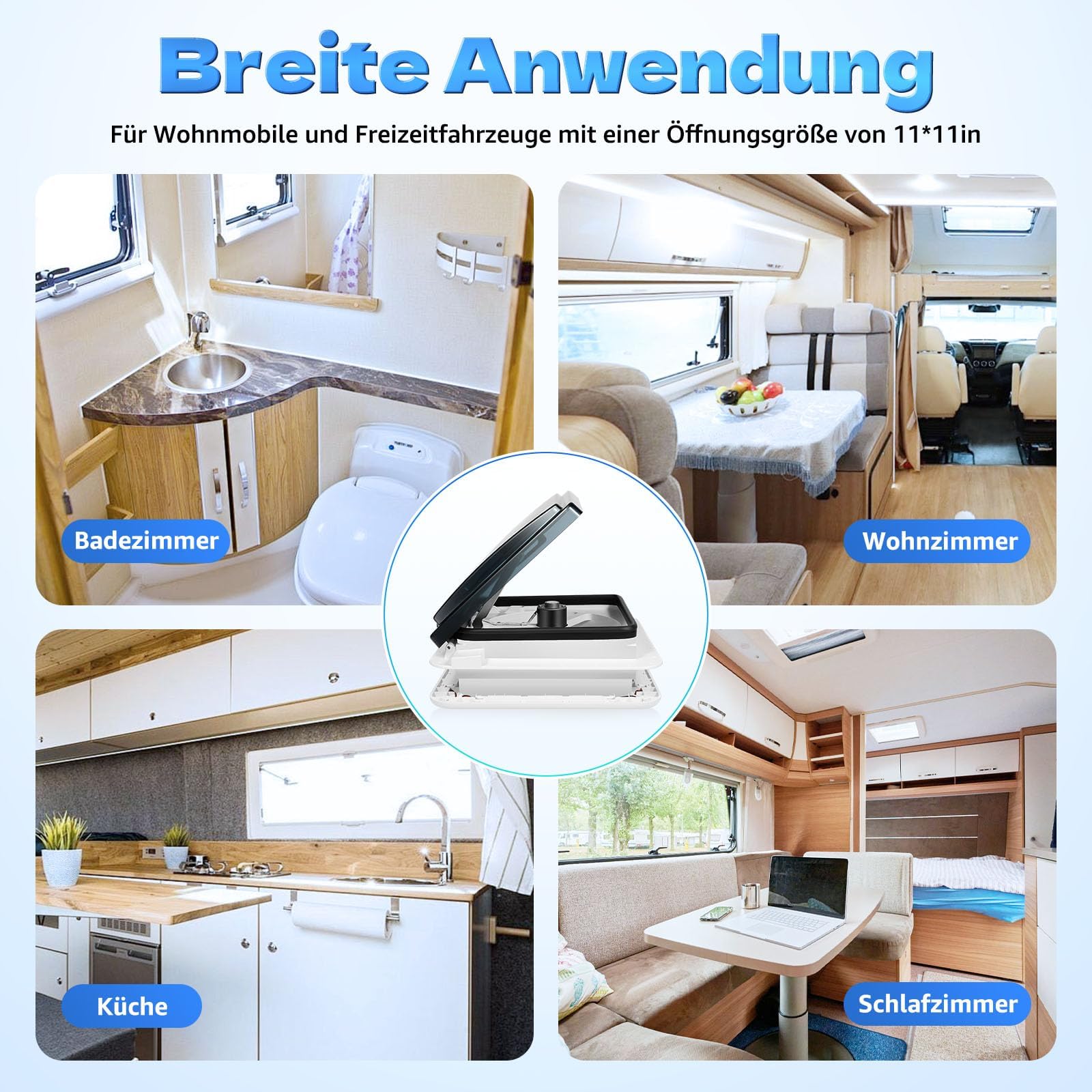 Wohnwagen Wohnmobil Dachfenster Schalldichte Dachluke Leiser Lüfter mit LED Belüftung Dachfenster Ventilator Dachlüfter Umkehrlüfter Geräuscharmer Wohnmobilausstattung mit Insektenschutzgitter
