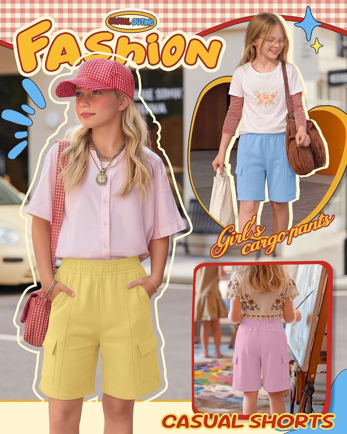 3 Pack Girls Cargo Shorts Kids Wide Leg Knee Length Baggy Casual Shorts Summer Teen Bermuda Pant with Pockets 5-14Y