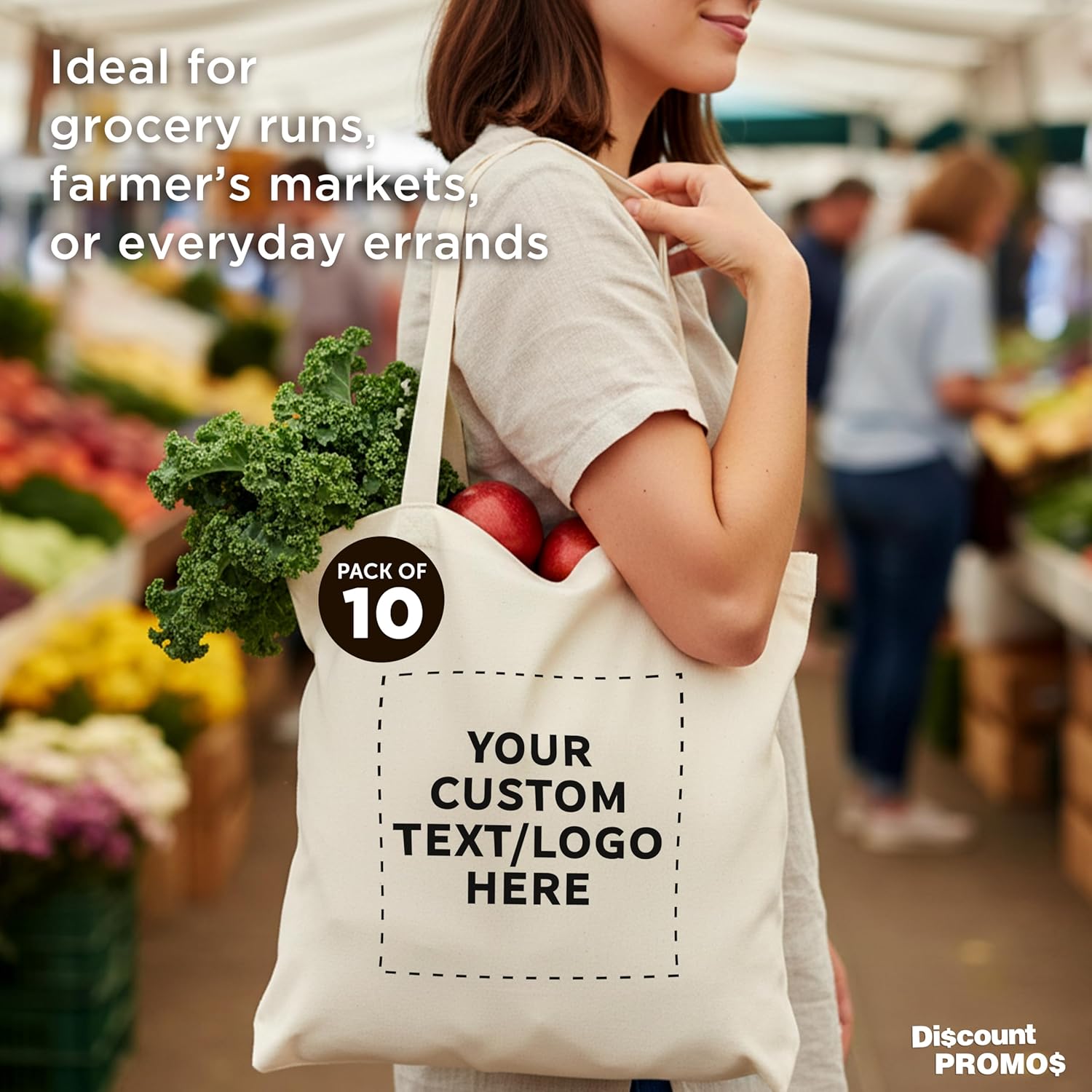 DISCOUNT PROMOS Custom Natural Cotton Fiber Tote Bags (Set of 10) - Personalized, Reusable & Eco-Friendly - Perfect for Grocery, Promotions, Branding - Natural Color, 15.5"X15", 5 OZ Cotton - Image 3