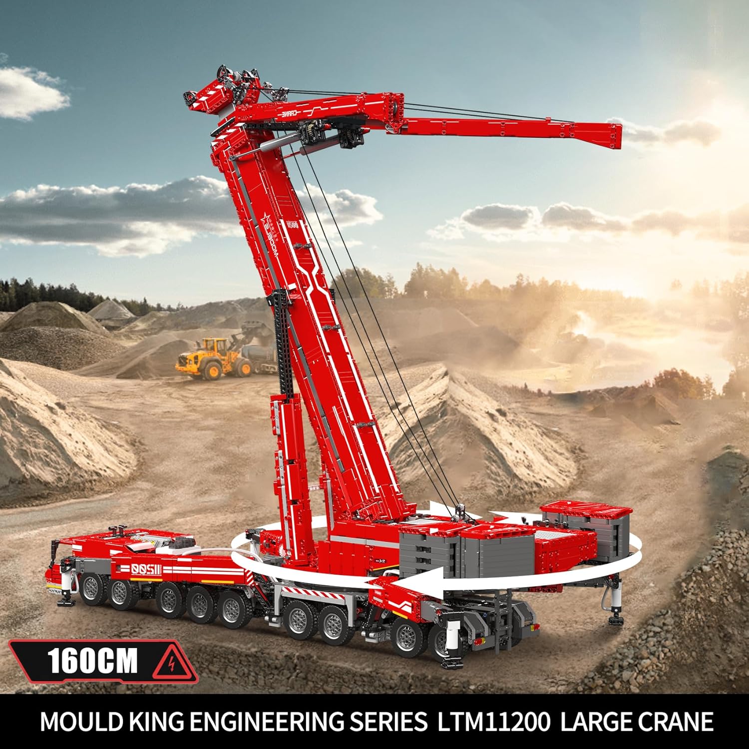 Mould King 17008 crane extended to 160cm height in a construction site setting