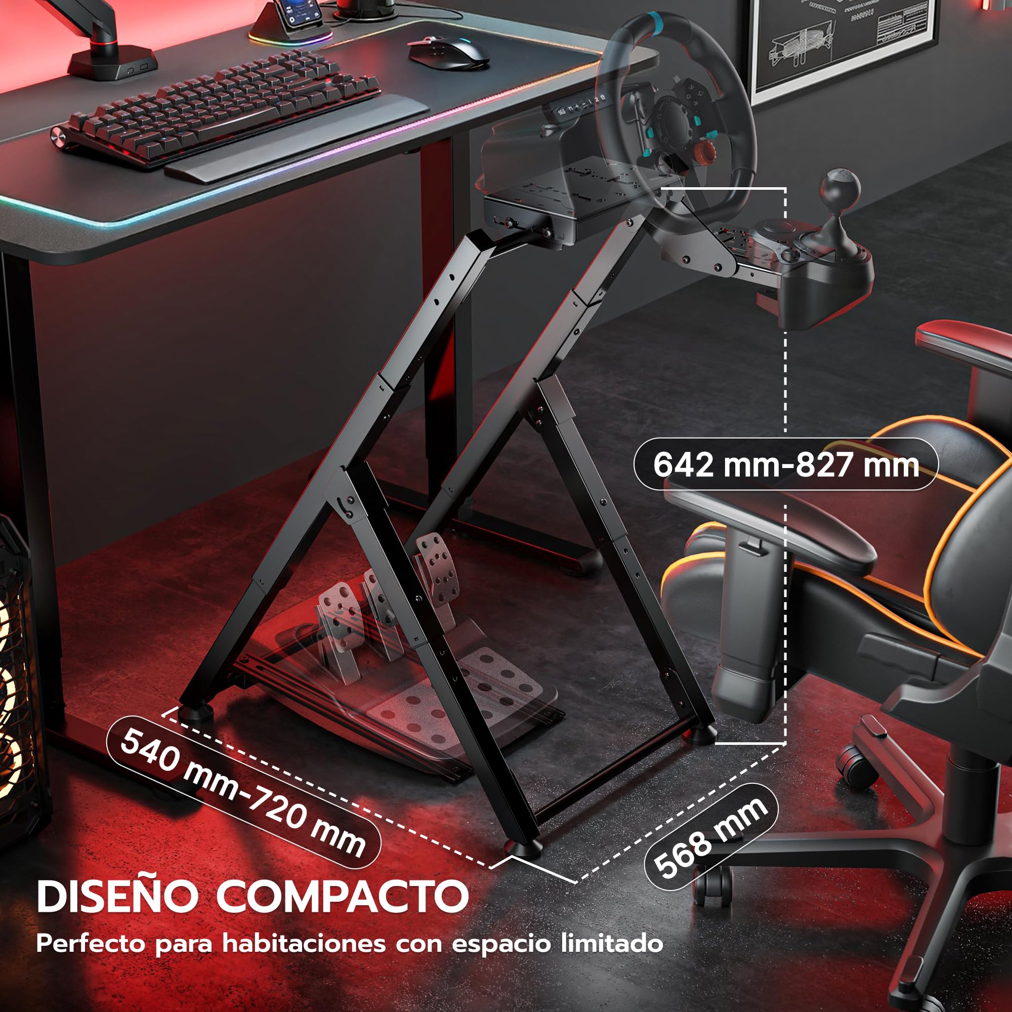 ARES WING Soporte plegable para volante de Sim Racing | COMPATIBILIDAD AMPLIA: Compatible con Logitech G29, G920, G923, Fanatec, Thrustmaster, Moza y Simagic