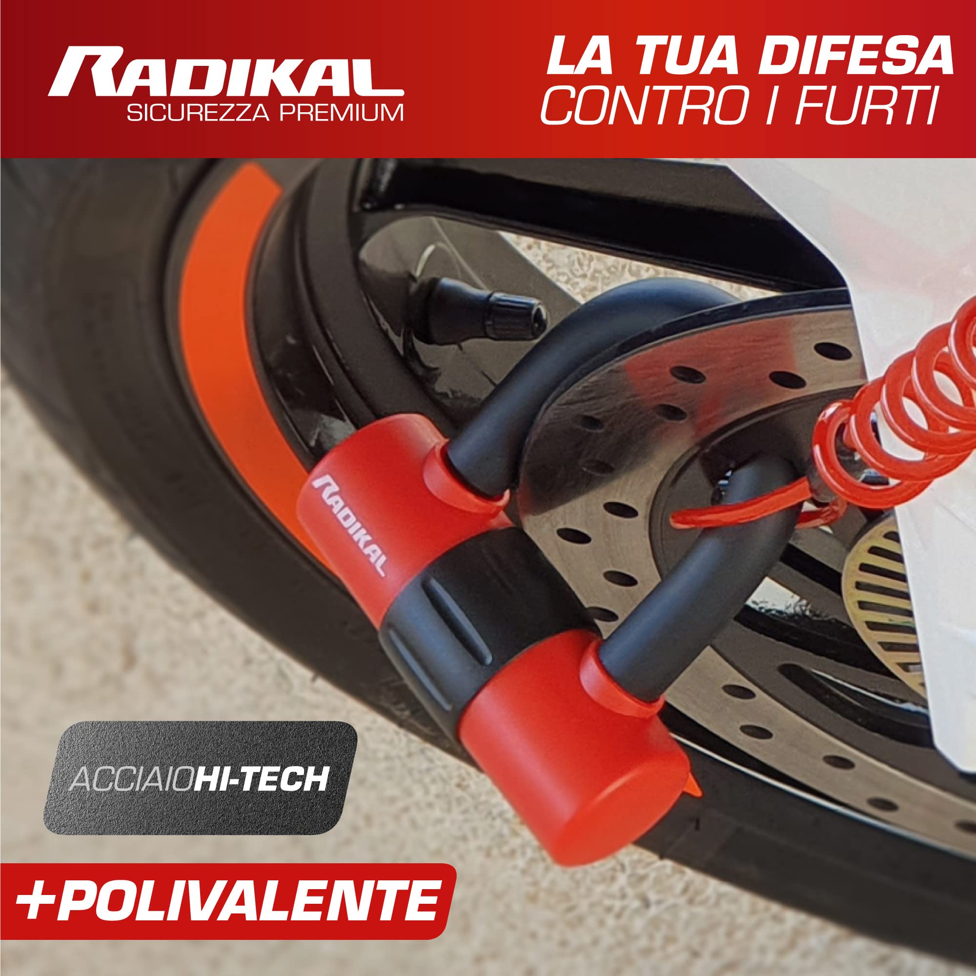 RADIKAL RK72 Lucchetto Antifurto Moto Mini U, Doppia Sicurezza e Doppia Funzione per Disco o Catena, Archetto 14mm e Serratura ad Alta Sicurezza, Cavo Promemoria, Bloccadisco per Moto, Scooter e Bici