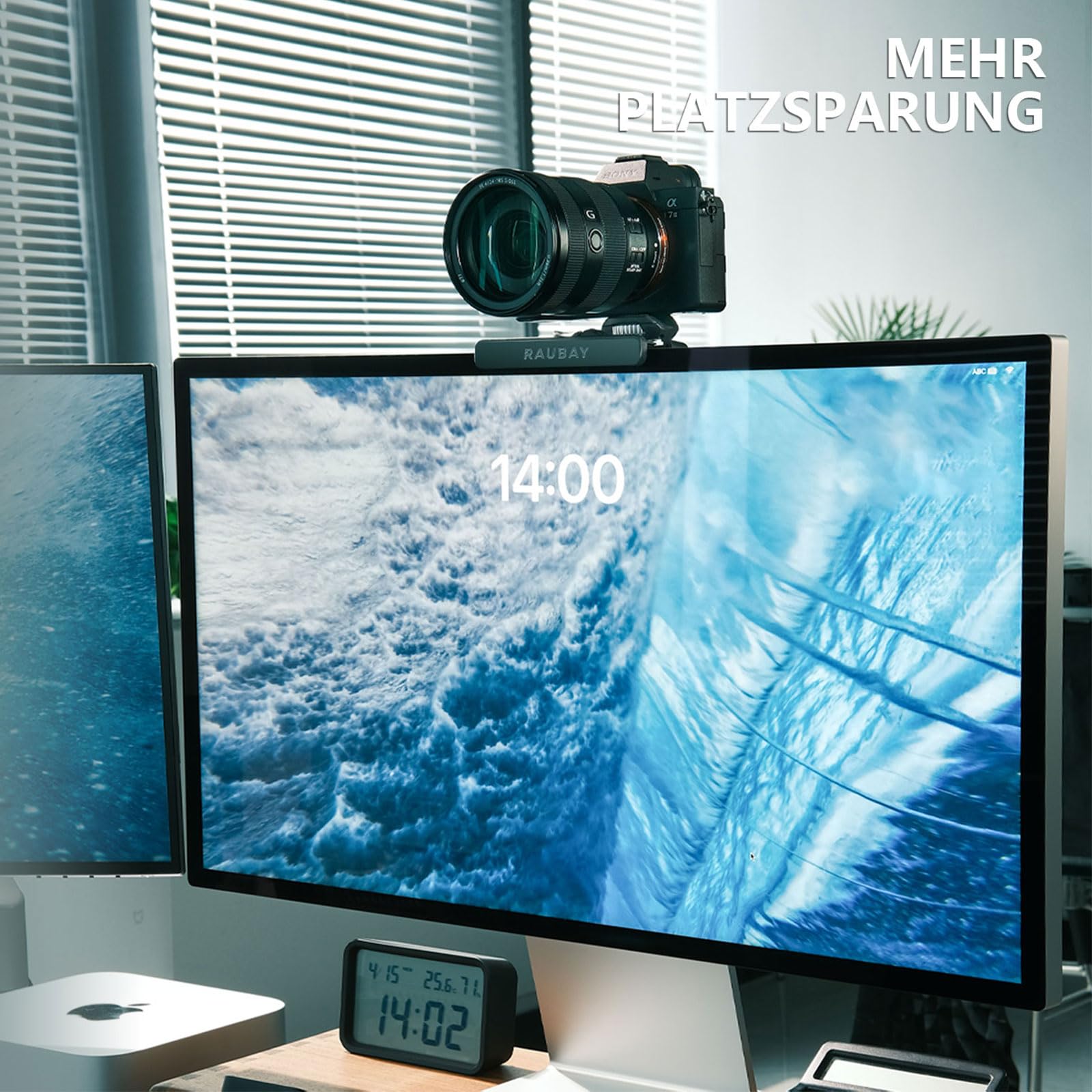 RAUBAY Monitor-Kamera-Halterungsständer, hängende Webcam-Klemme mit 1/4-Zoll-Schraube, MILC-Monitor-Oberseite für Live-Stream. Kompatibel mit gebogenen Monitoren, maximale Breite bis zu 3,5 cm