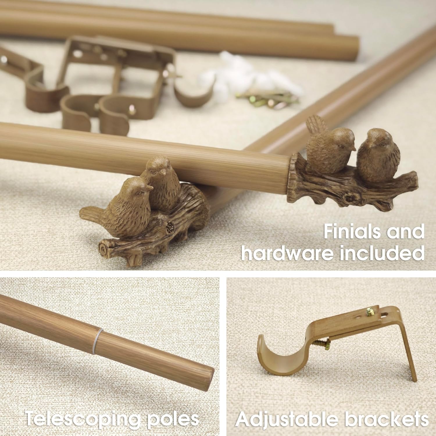 1 Inch Single Curtain Rods 72 to 144 Inches Adjustable Drapery Rods for Window width 68 to 140 Inches, Twin Birds on Twig Finials, Faux wood color