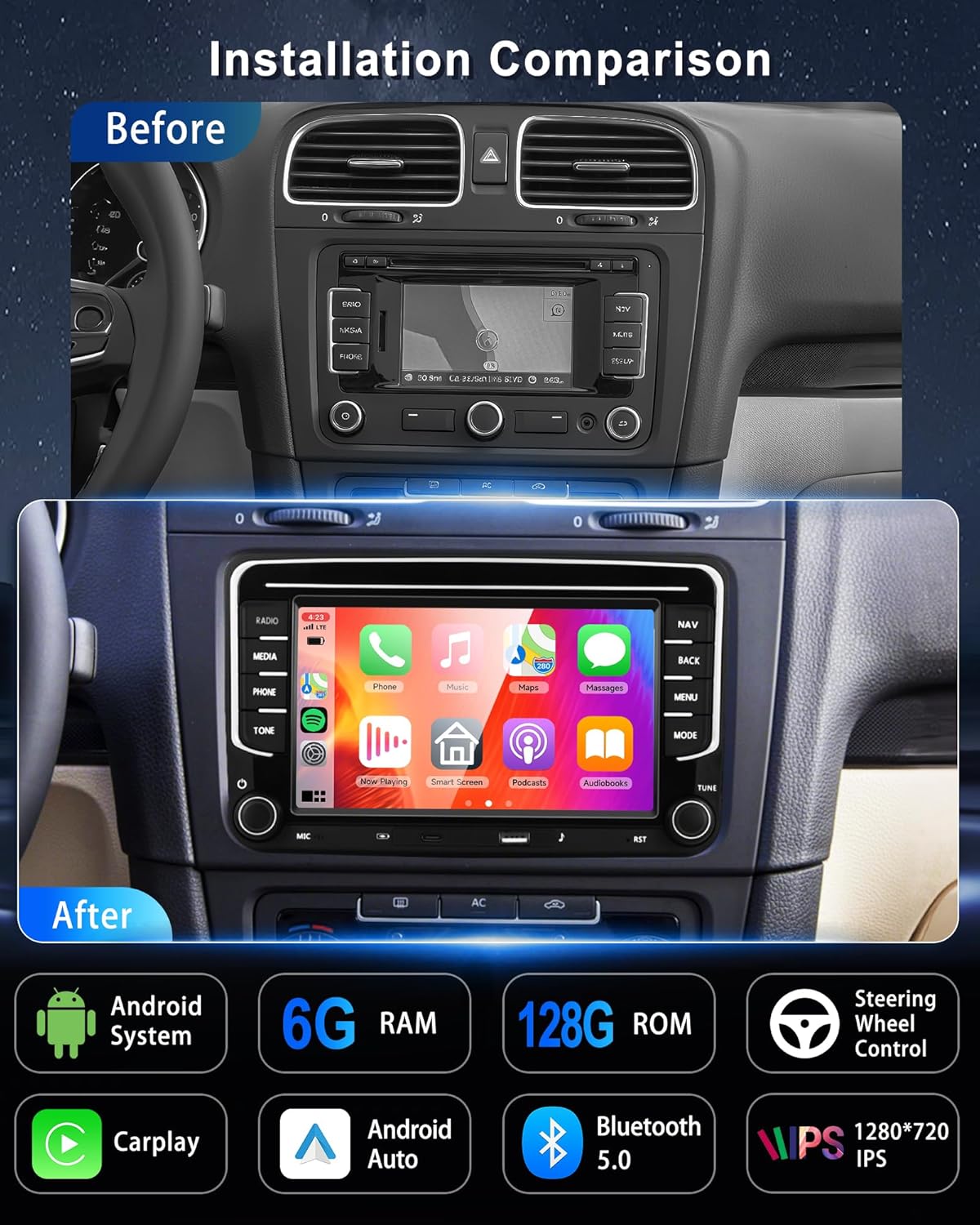 8 Core 6G+128G Car Radio Stereo for VW Volkswagen Seat Golf Passat Jetta Beetle Tiguan Touran EOS, CarPlay Android Auto, 7'' Touch Screen Stereo with Backup Camera, Bluetooth Radio for VW, GPS WiFi