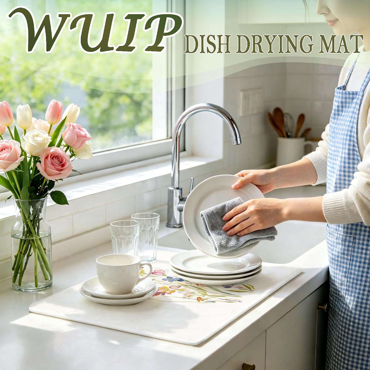 Floral Dish Drying Mats for Kitchen Counter, Watercolor Wildflower Absorbent Reversible Coffee Bar Mat Drying Pad for Floral Kitchen Decor, 12x15 Inch