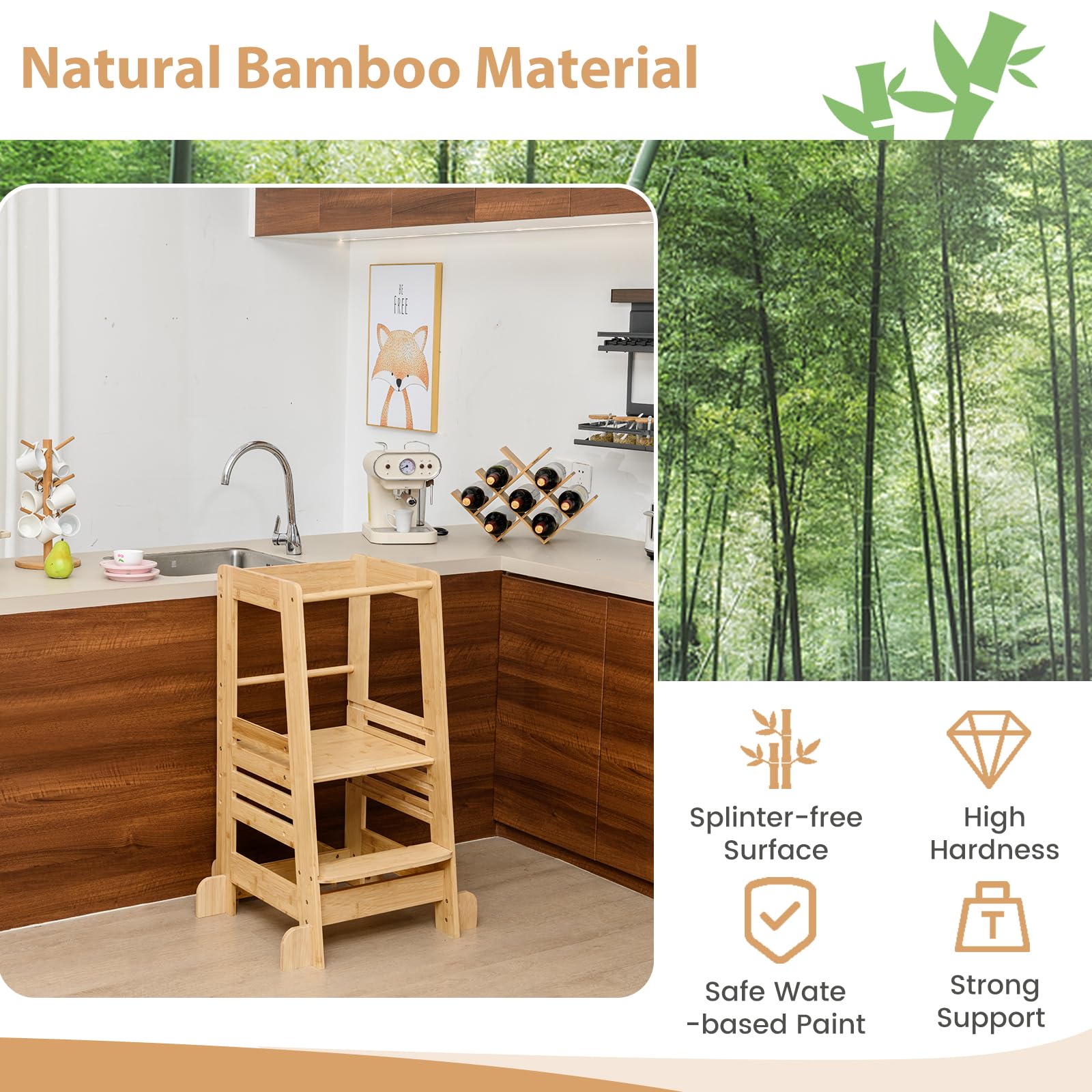 GYMAX Taburete para niños, Soporte de Cocina de bambú con Plataforma Ajustable en Altura y riel de Seguridad, Torre de Aprendizaje de Madera para baño, guardería