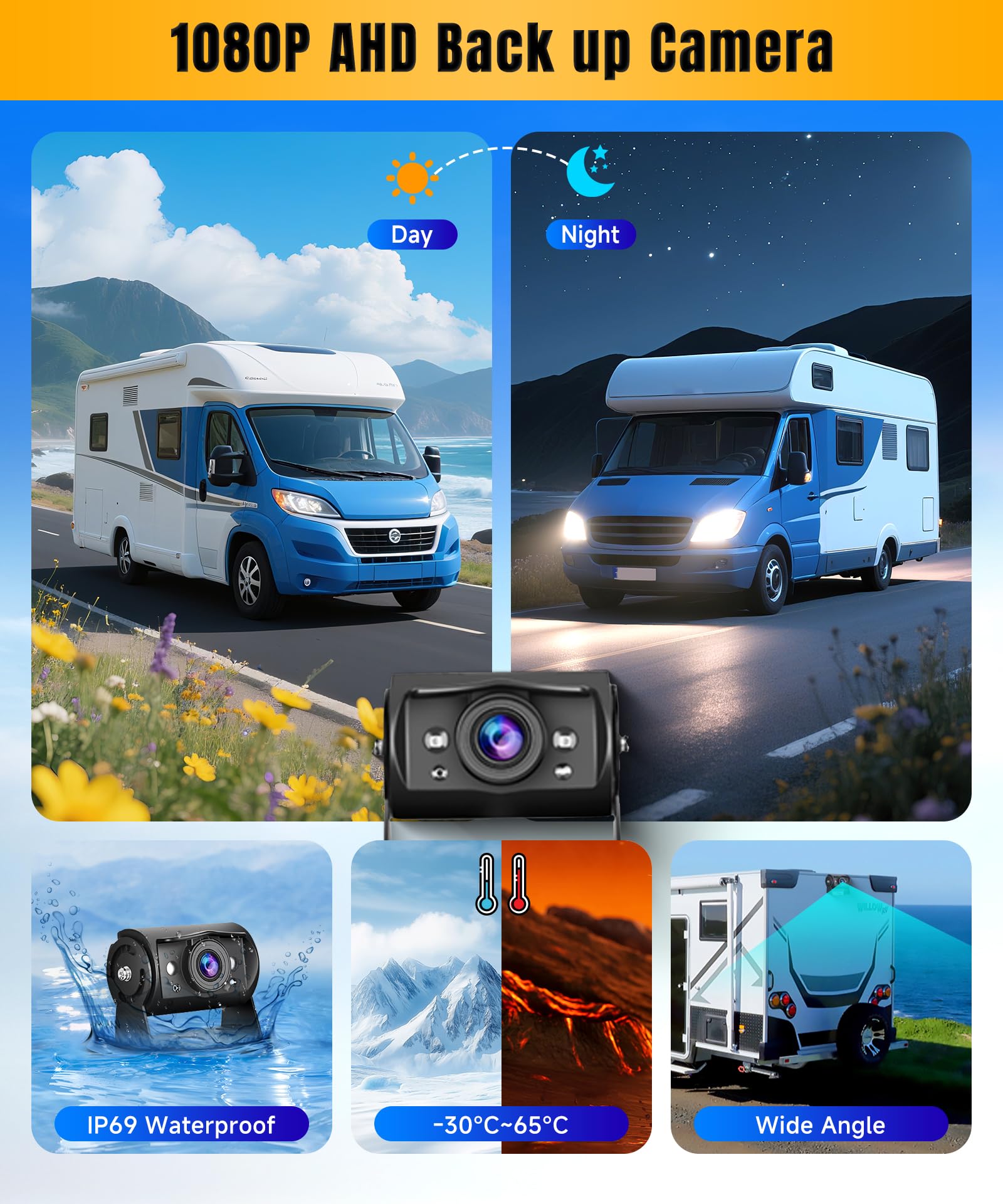 VECHTEL 1080P Caméra de recul avec écran IPS 7 Pouces,kit d'aide au stationnement,1024 x 600,IP69 AHD Vision Nocturne pour SUV, camionnette, Camping-Car, avec Pare-Soleil, câble de 15 m, 12-24 V