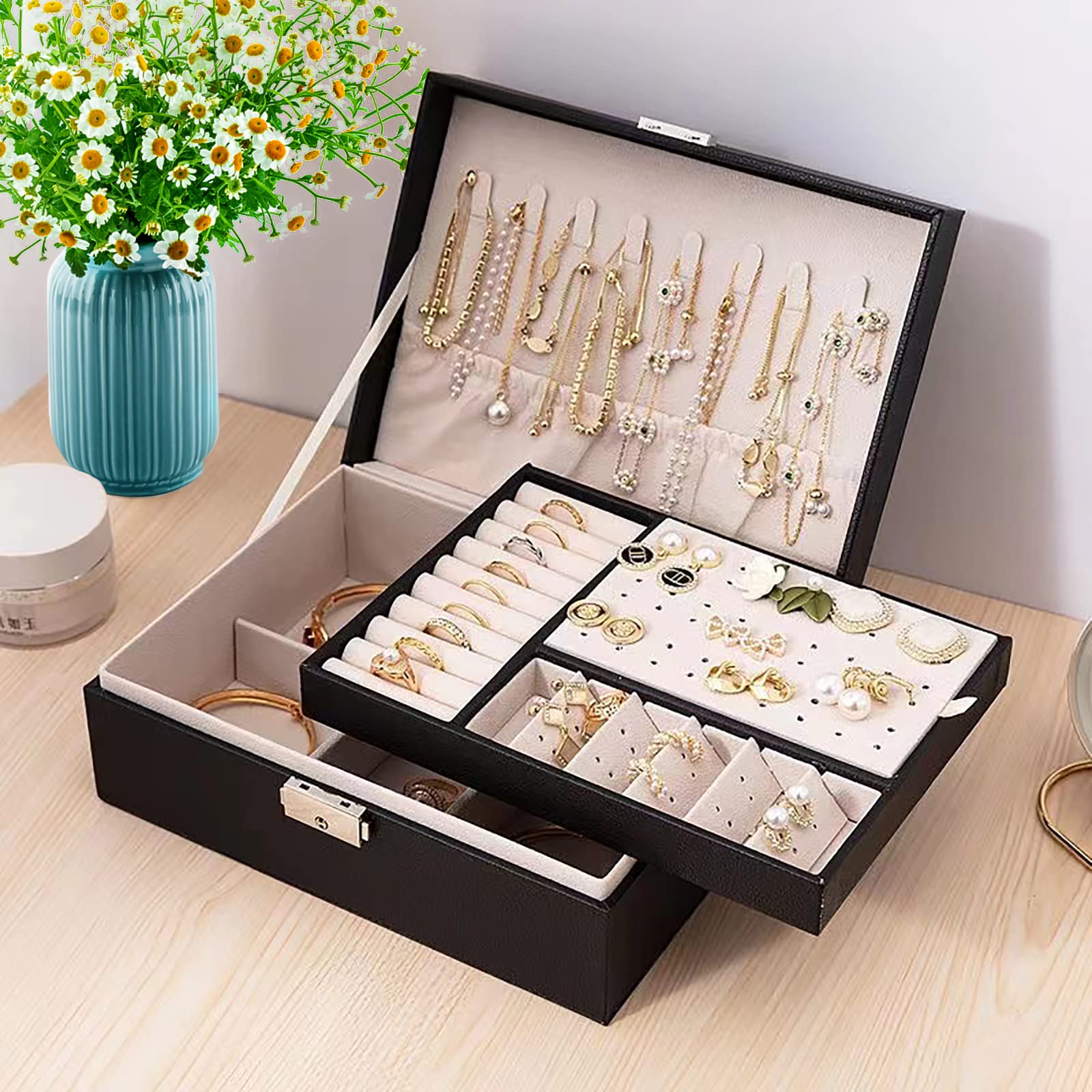 URbazaarURbazaar Jewellery Box Large,Travel 2-Layer Jewellery Box Organiser with Lid for Rings Earrings Necklace Bracelets with Lock Jewelry Holder,Jewelry Storage Case for Girls Women