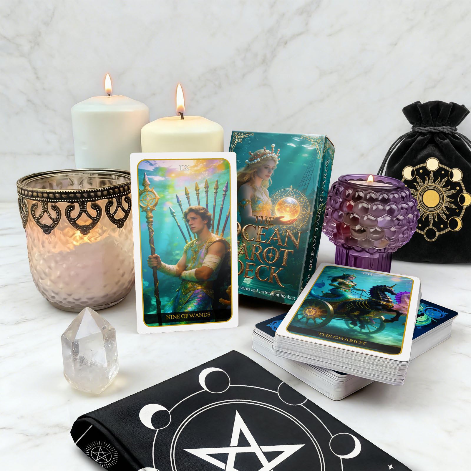 Pacify Mazzo di tarocchi a sirena, mazzo di tarocchi ispirato all'oceano, 78 carte con guida, tarocchi per principianti e divinazione intuitiva