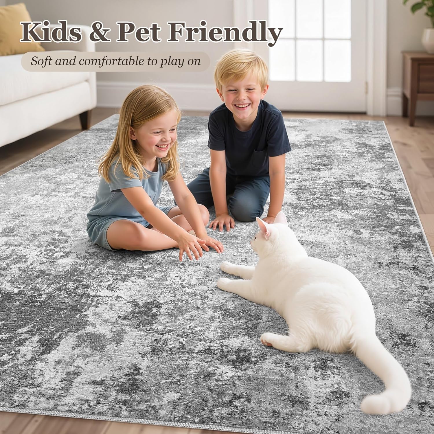 6x9 Washable Living Room Rug: Non-Slip Modern Abstract Area Rug for Bedroom Dining Room, Soft Low Pile Carpet Suitable for Families with Children, Grey