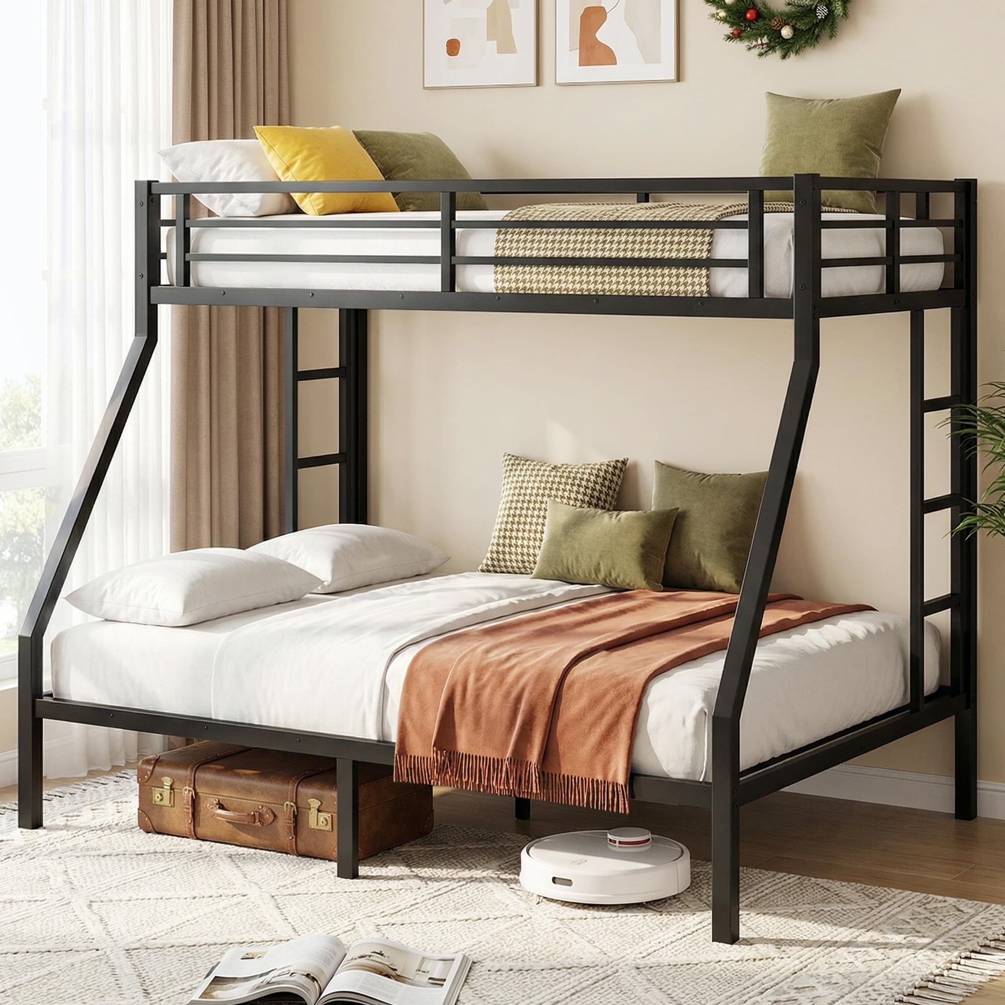twin xl over queen bunk bed, heavy duty metal bunk frame & full guardrails loft bed frame with 2 ladders for adults teens reinforced no-sag metal slats, space saving for guest room, dorm, kids bedroom