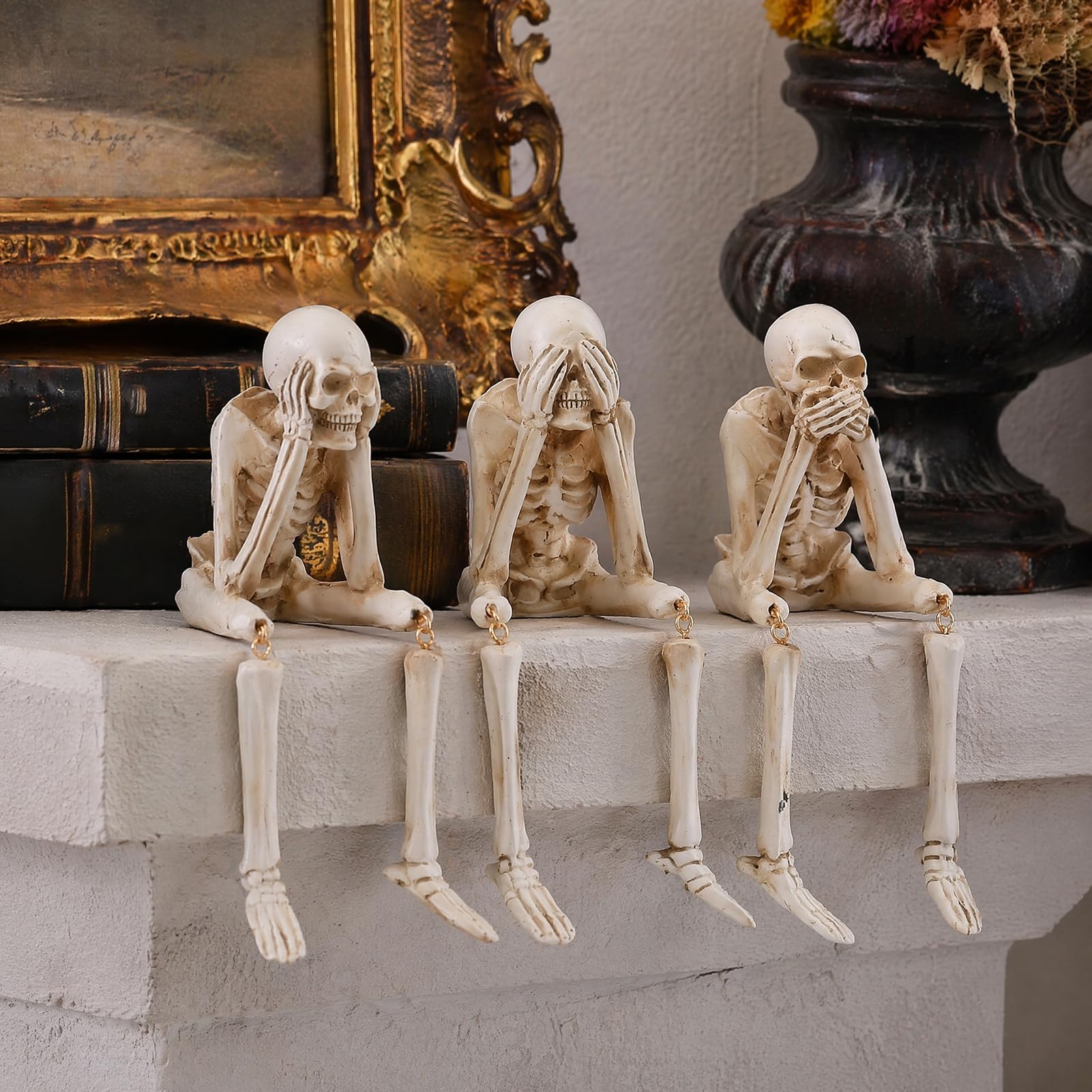 Quoravel Halloween Skeleton Statue, See Speak Hear No Evil Skeleton Figurines, Collectible Skull Decoration for Indoor Mantel Table Gothic Home Decor Style A 1piece