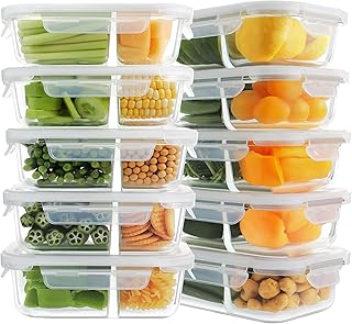 10 Pack Glass Meal Prep Containers 2 Compartment, Food Storage Containers with Lids, Airtight Glass Lunch Bento Boxes, BPA-Free & Leak Proof (10 lids & 10 Containers) - White