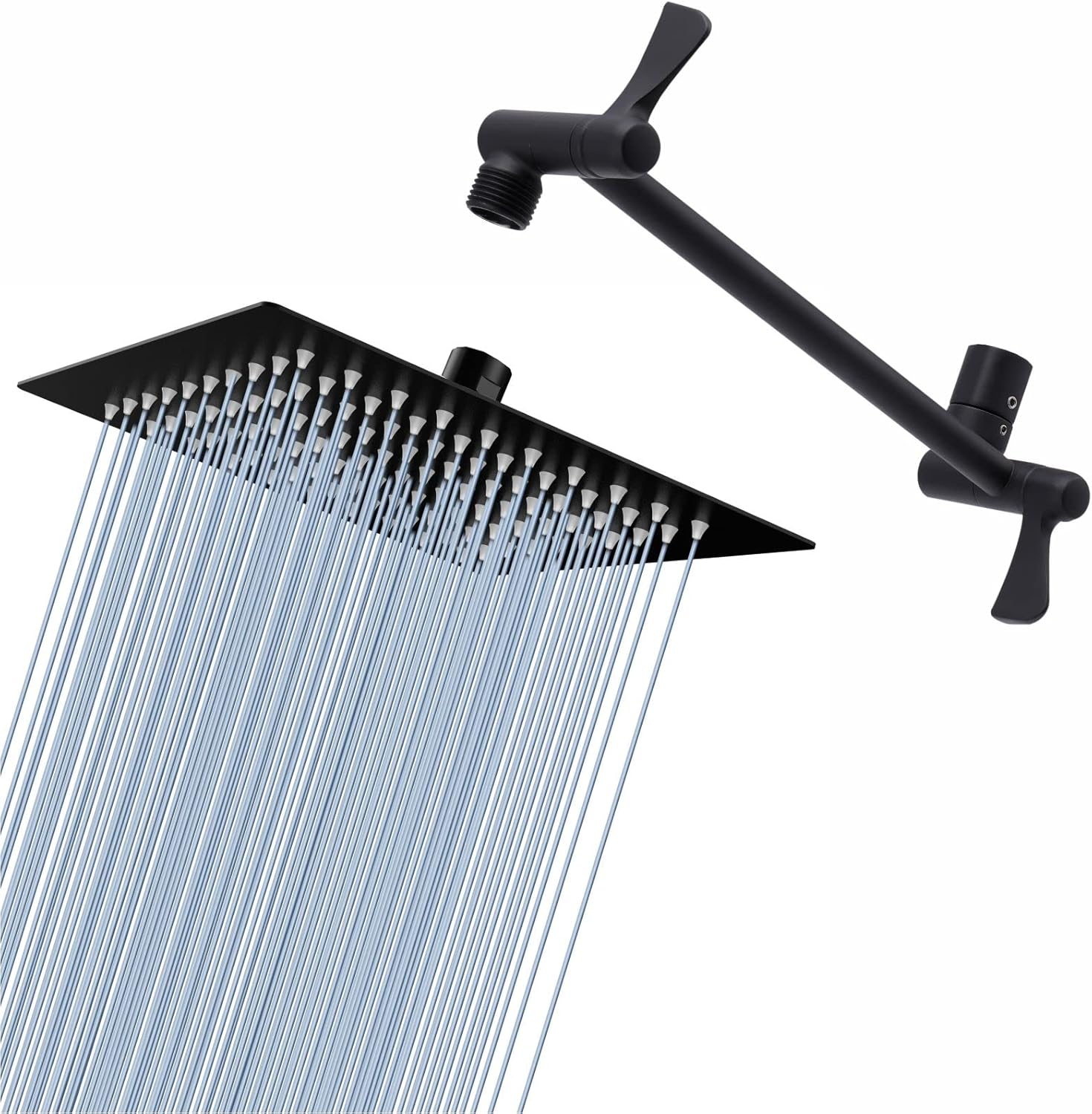 Voolan 8'' Rain Shower Head with 11'' Shower Extension Arm, Stainless Steel High Pressure Rainfall Shower Head, Comfortable Shower Experience Even at Low Water Flow, Square, Black