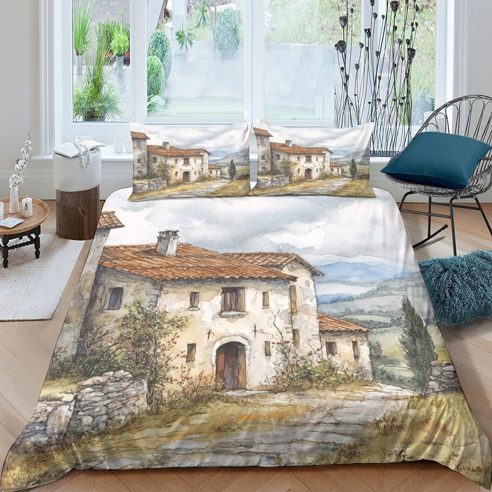 GPLZQXKJNH 3D Printed Countryside Villa Duvet Cover Microfiber Soft Breathable Rustic Landscape Bedding Set with 2 Pillowcases for Bedroom Decor Single（135x200cm）