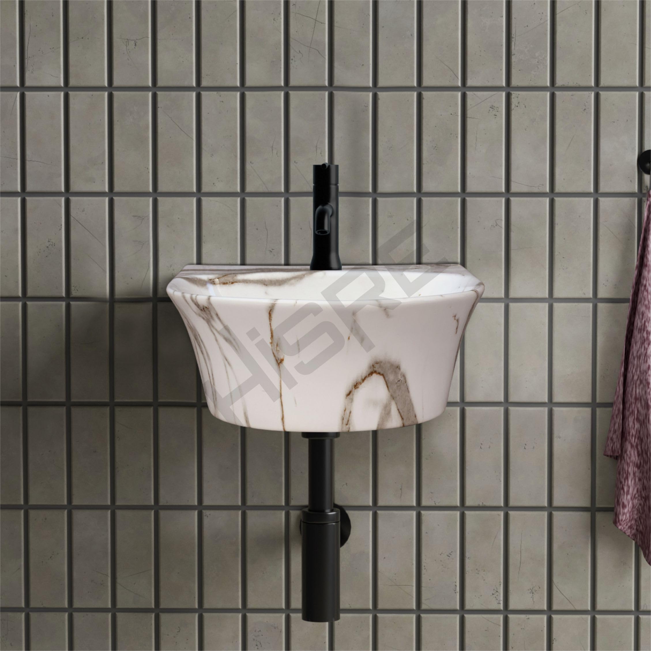 HISRE Wall Mount Wash Basin 13x14x5 Inch | Modern White and Grey Marble Design Ceramic Sink | Rectangular Bathroom Basin for Home, Office & Hotels, photo 3 of 5