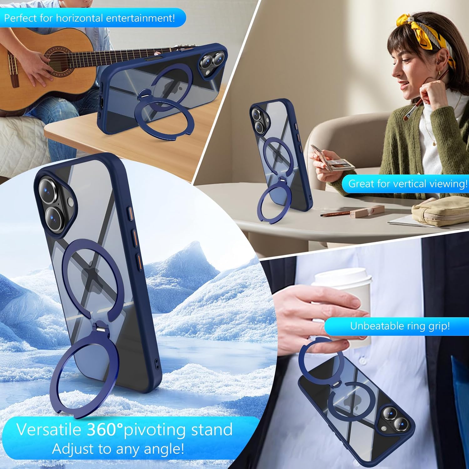 360° Spin Invisible Magnetic Stand for iPhone 16 Case [Military Grade Shockproof] [Compatible with MagSafe] Slim Translucent Matte Phone Case for iPhone 16 (6.1"), Blue